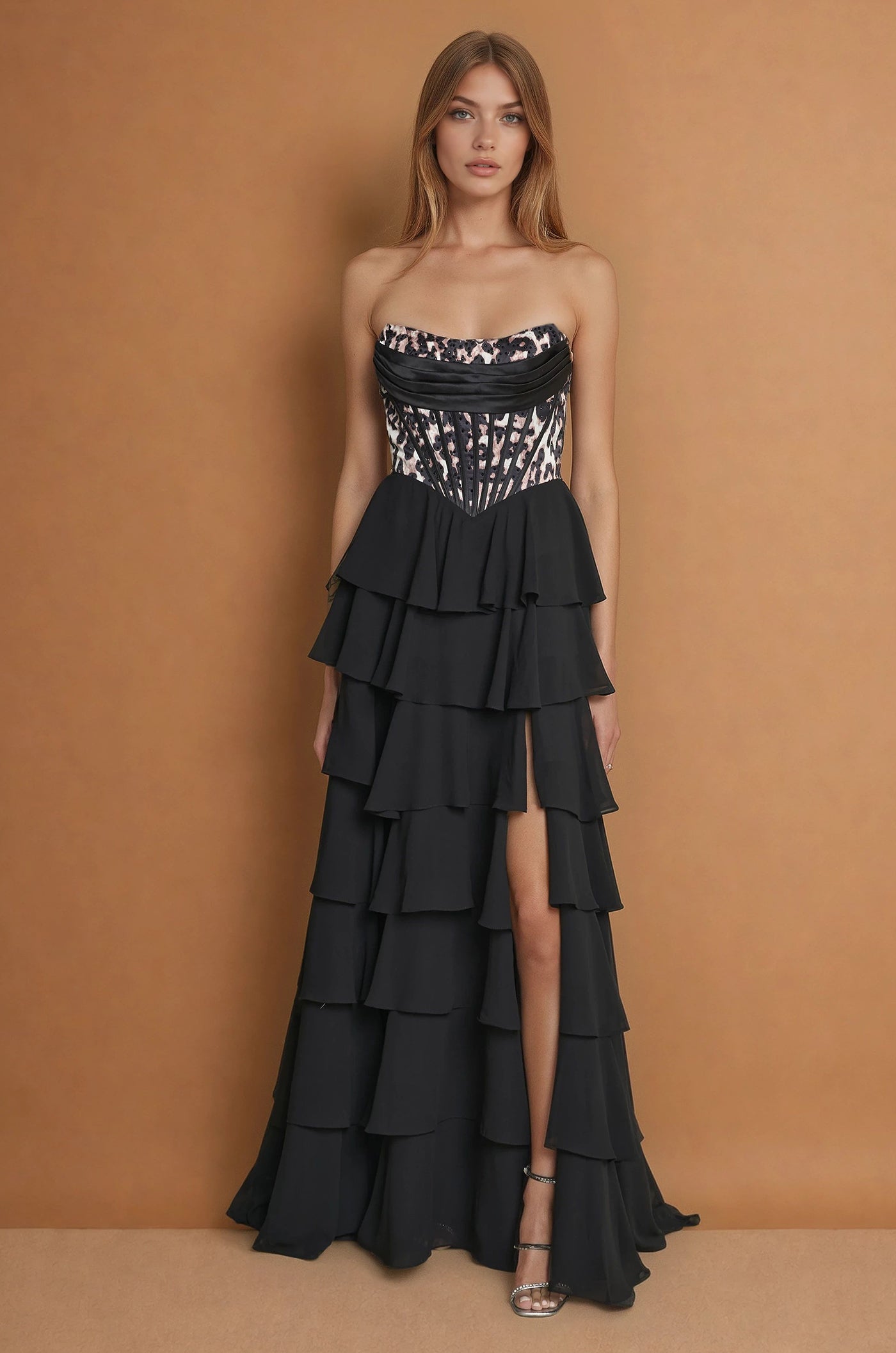 Black Leopard Print Corset Formal Dress with Tiered Skirt - Black / 16