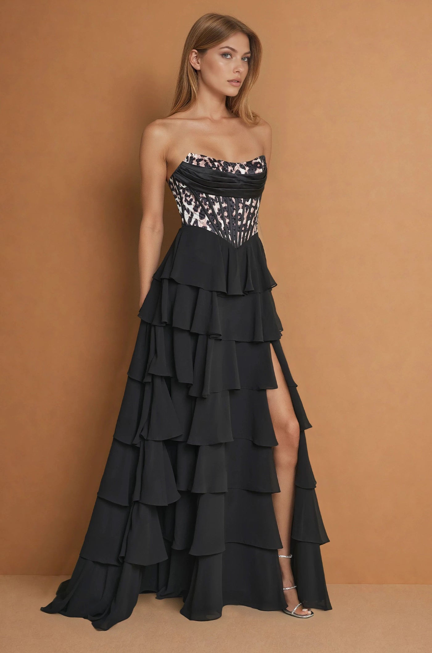 Black Leopard Print Corset Formal Dress with Tiered Skirt