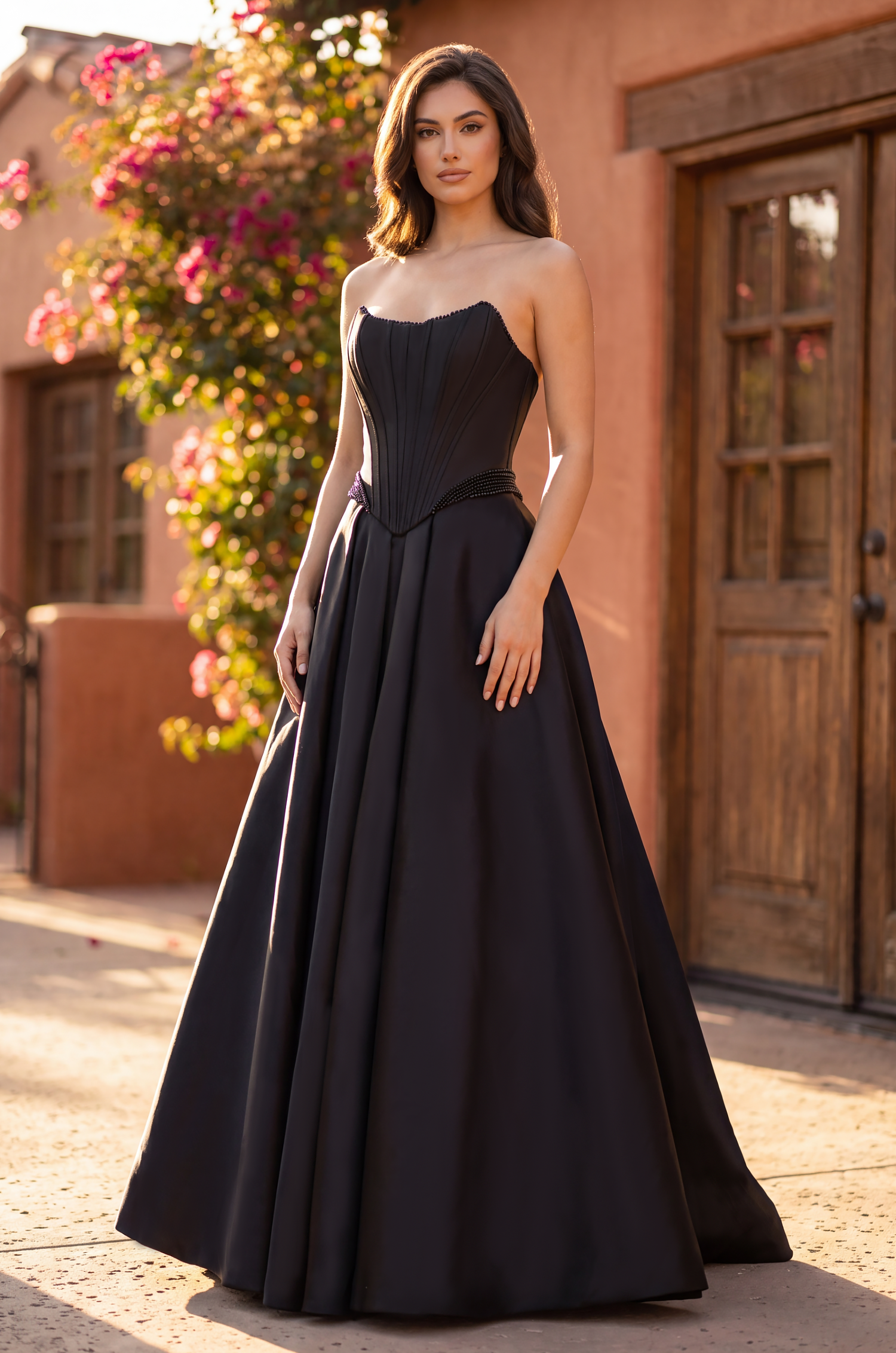Long Strapless Satin A Line High Slit Pocket Wedding Dress