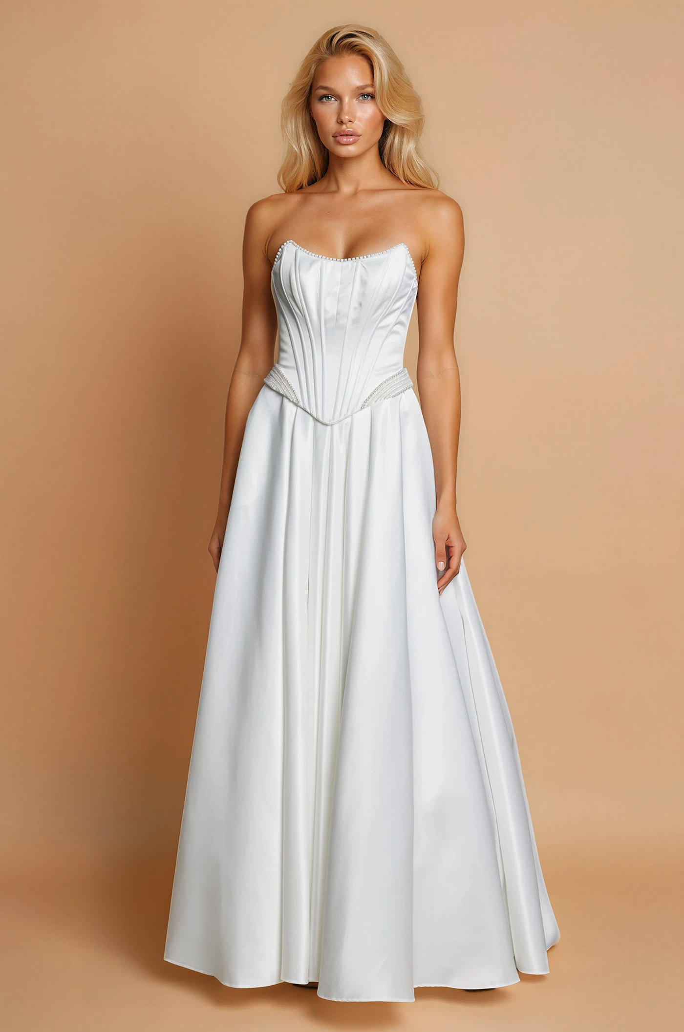 Long Strapless Satin A Line High Slit Pocket Wedding Dress Ivory