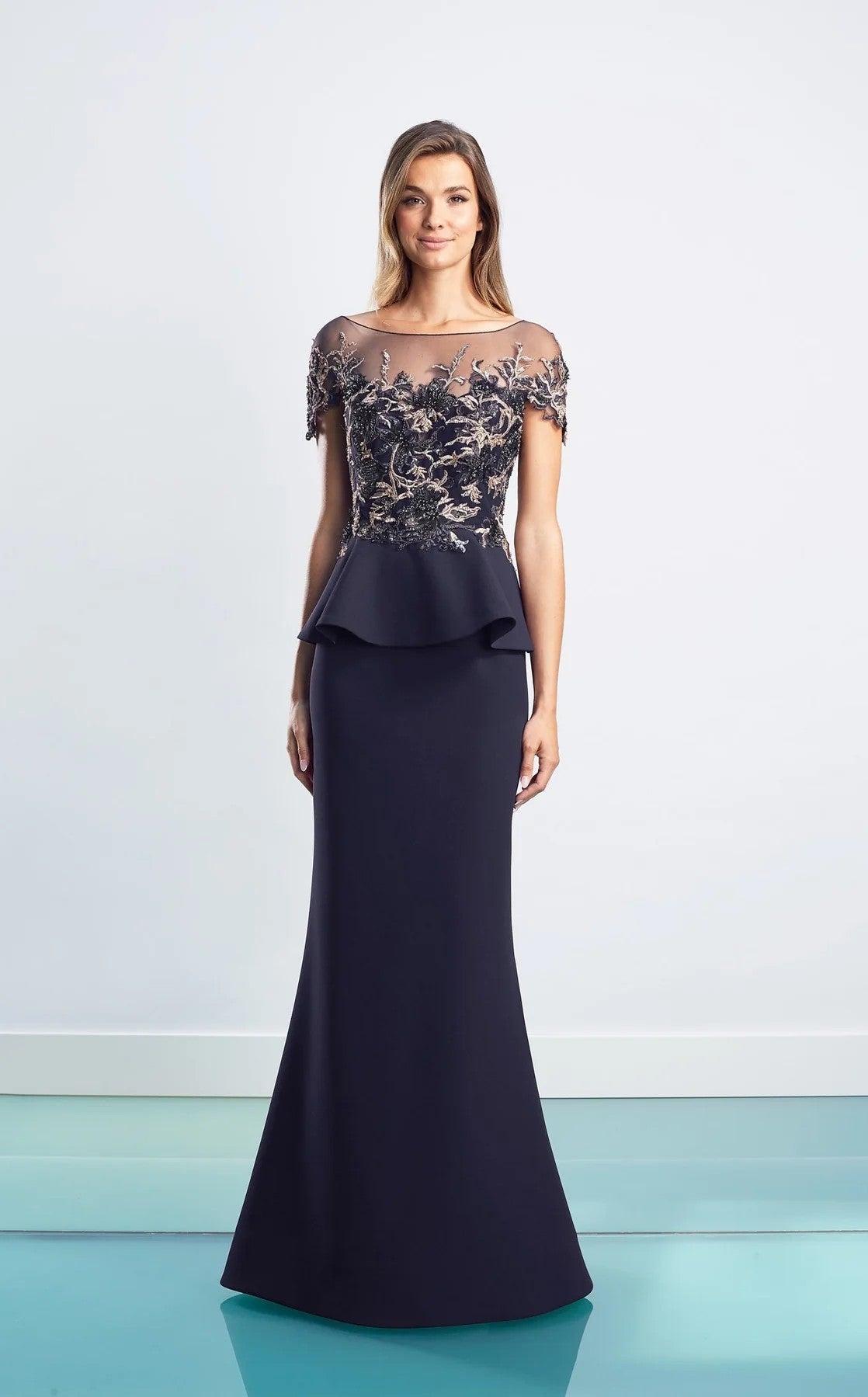 Formal Dresses Long Peplum Formal Floral Dress Navy