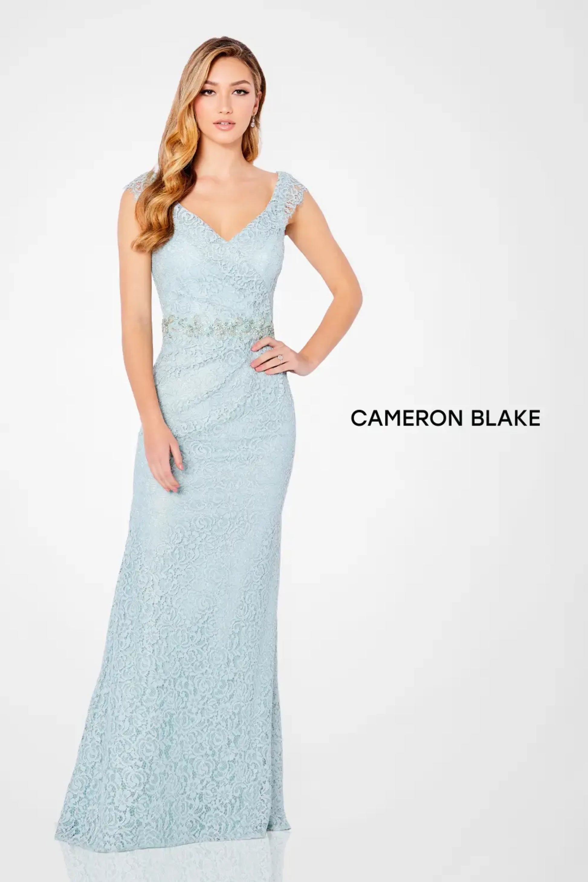 Cameron Blake 221682 Long Fitted Lace Formal Evening Dress