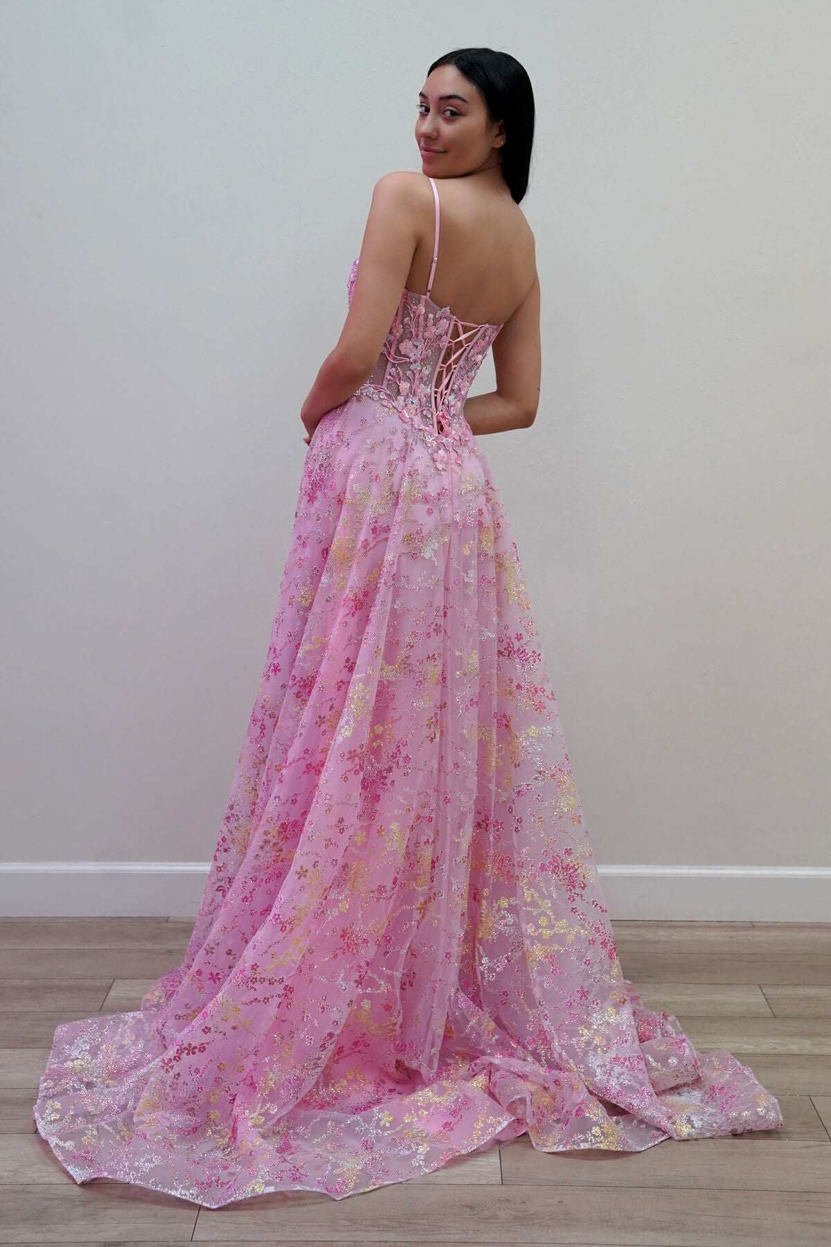 Prom Dresses Strapless Floor-Length Tulle Gown with Corset Bodice and Lace Formal Gown Juliet JUJT2642G Juliet Baby Pink