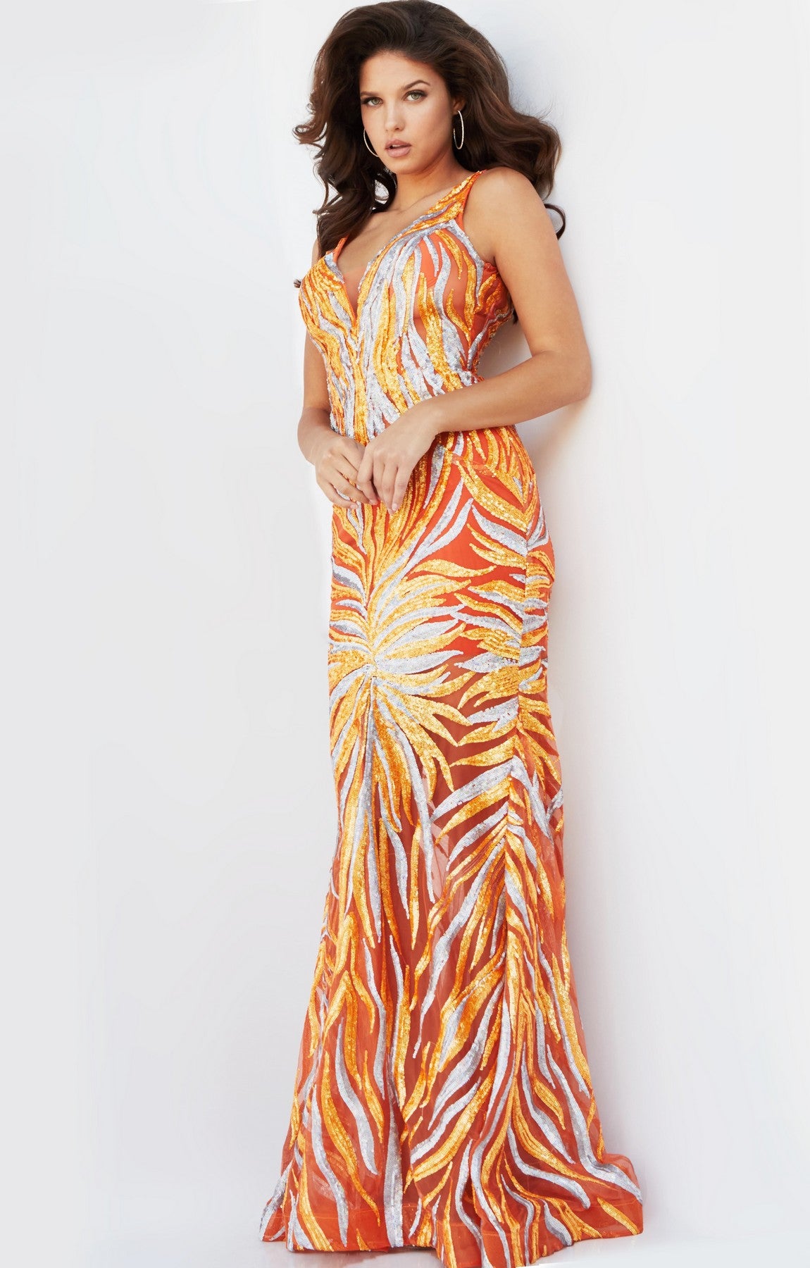 Prom Dresses Fitted Sequin Long Formal Prom Dress Orange Silver