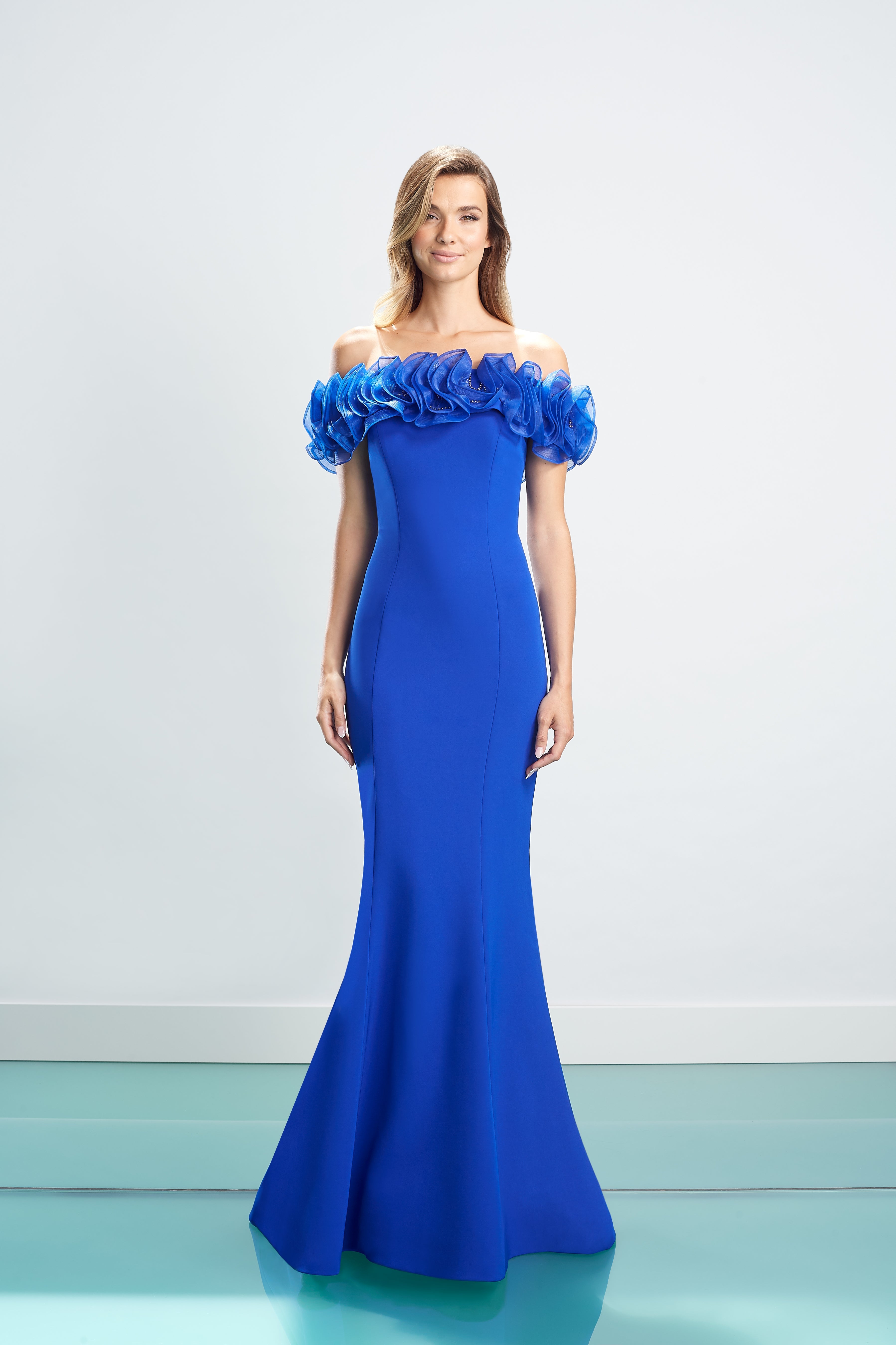 Formal Dresses Long Formal Fitted Floral Ruffle Dress Blue