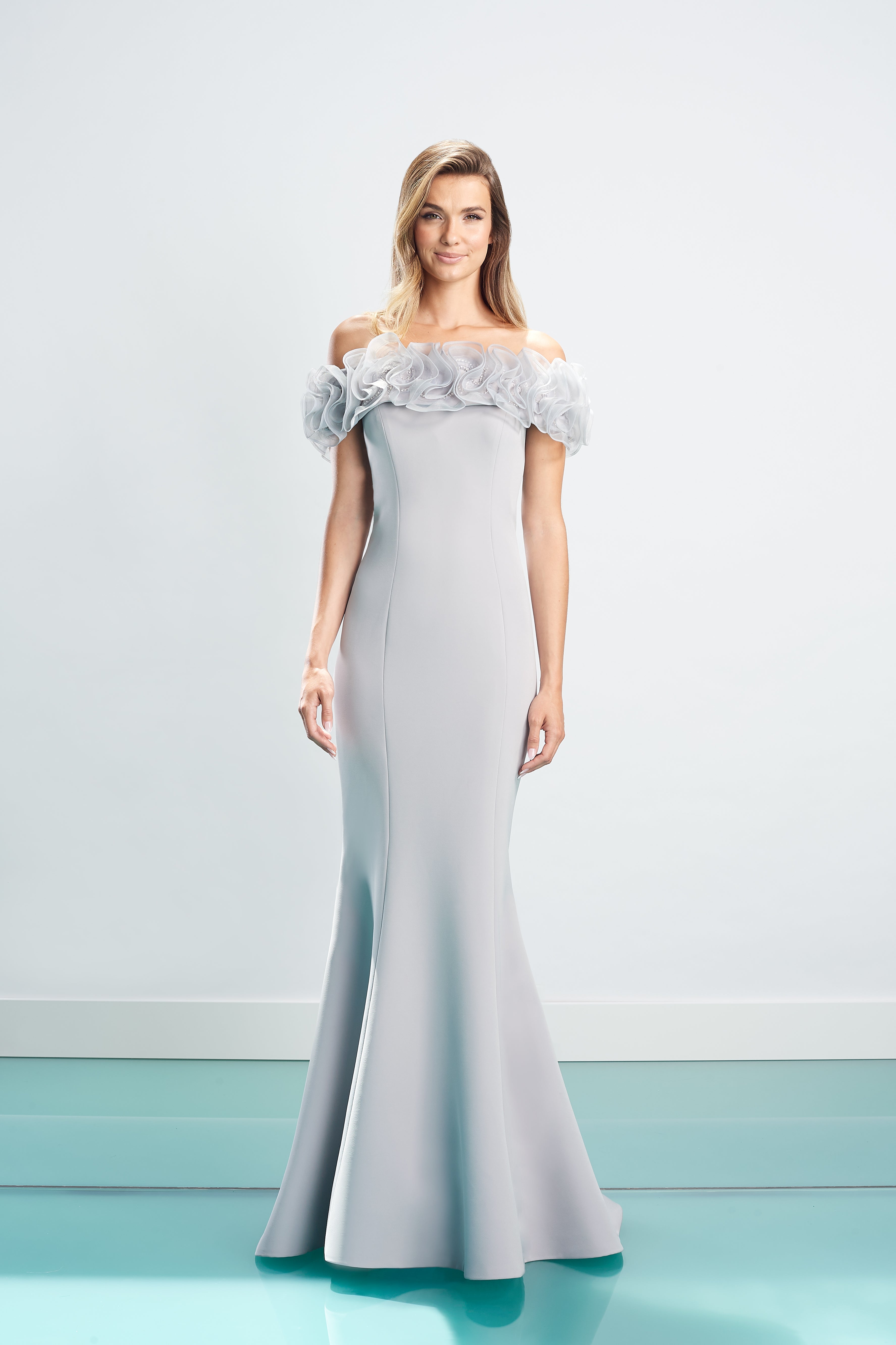 Formal Dresses Long Formal Fitted Floral Ruffle Dress Dove Grey