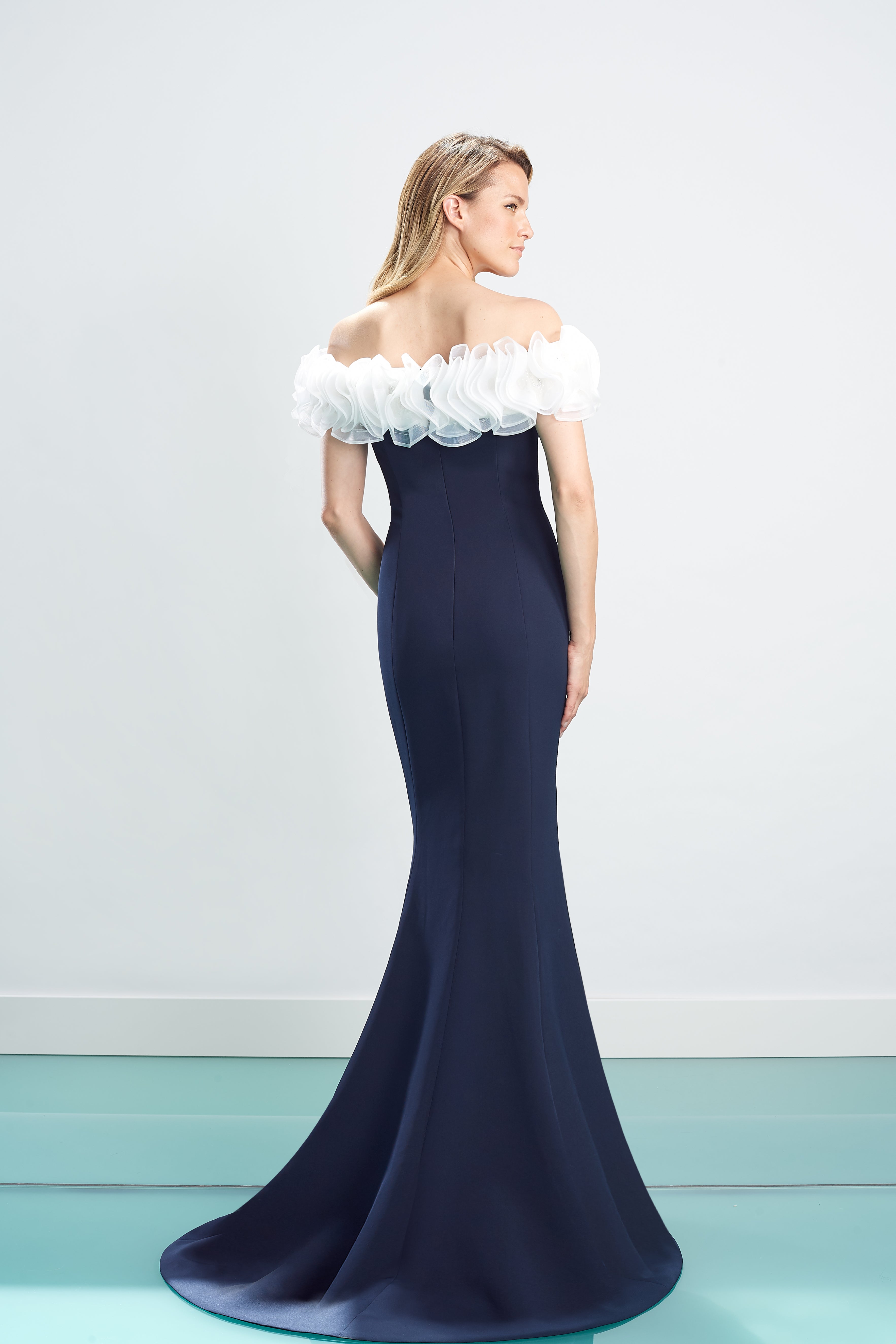 Formal Dresses Long Formal Fitted Floral Ruffle Dress Navy/White