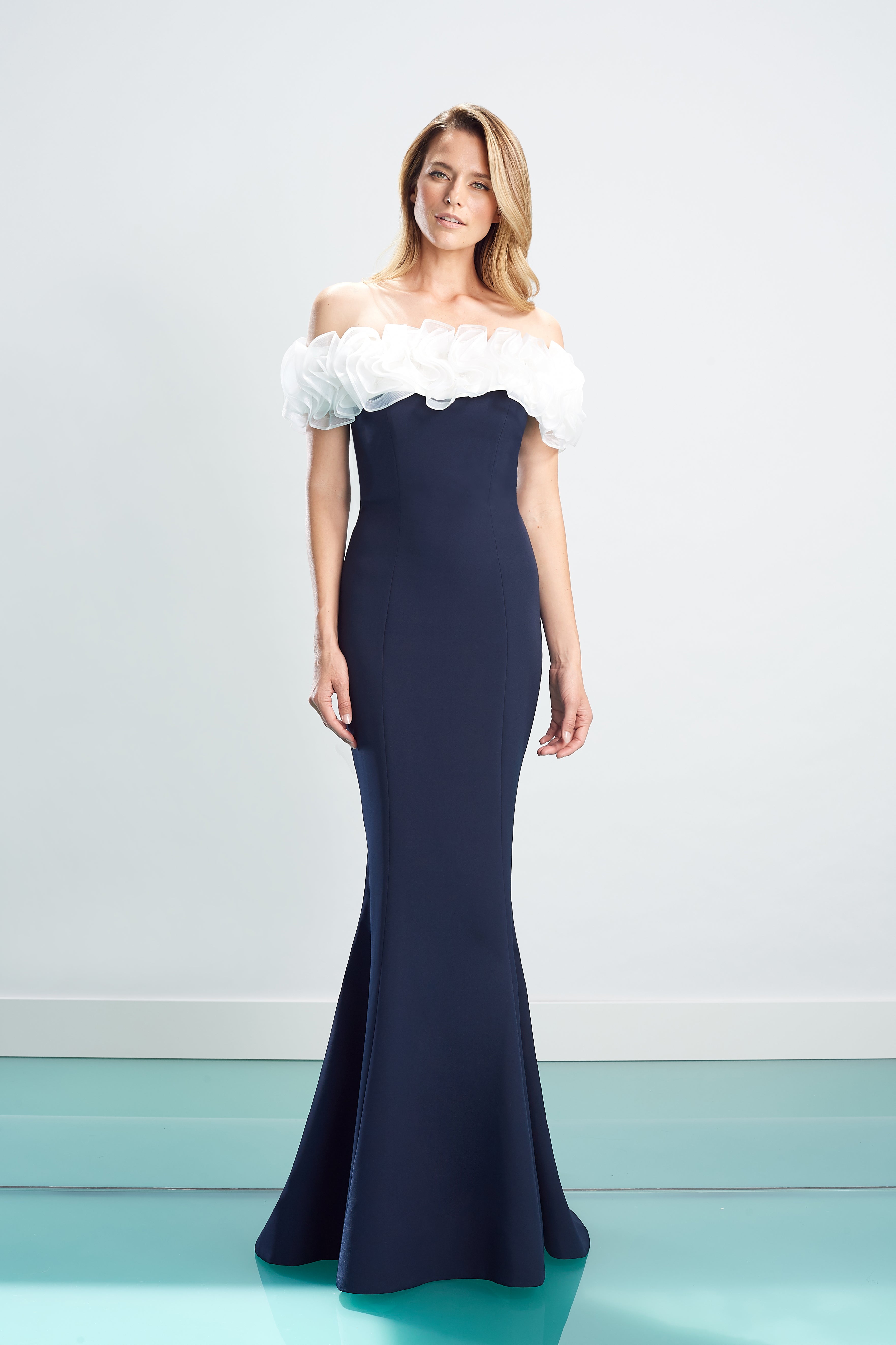 Formal Dresses Long Formal Fitted Floral Ruffle Dress Navy/White