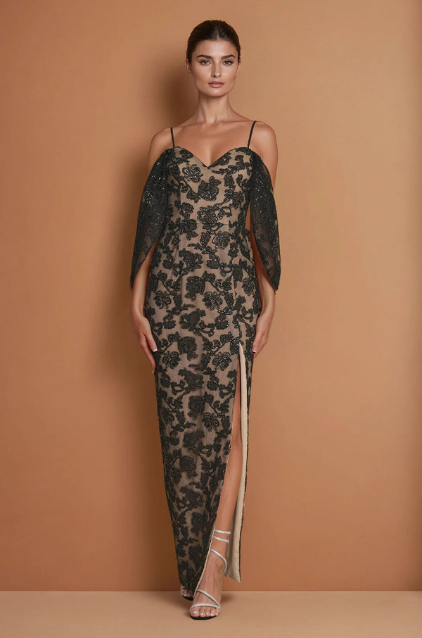 Floral Lace Appliqué Long Black-Tie Formal Cocktail Party Dress