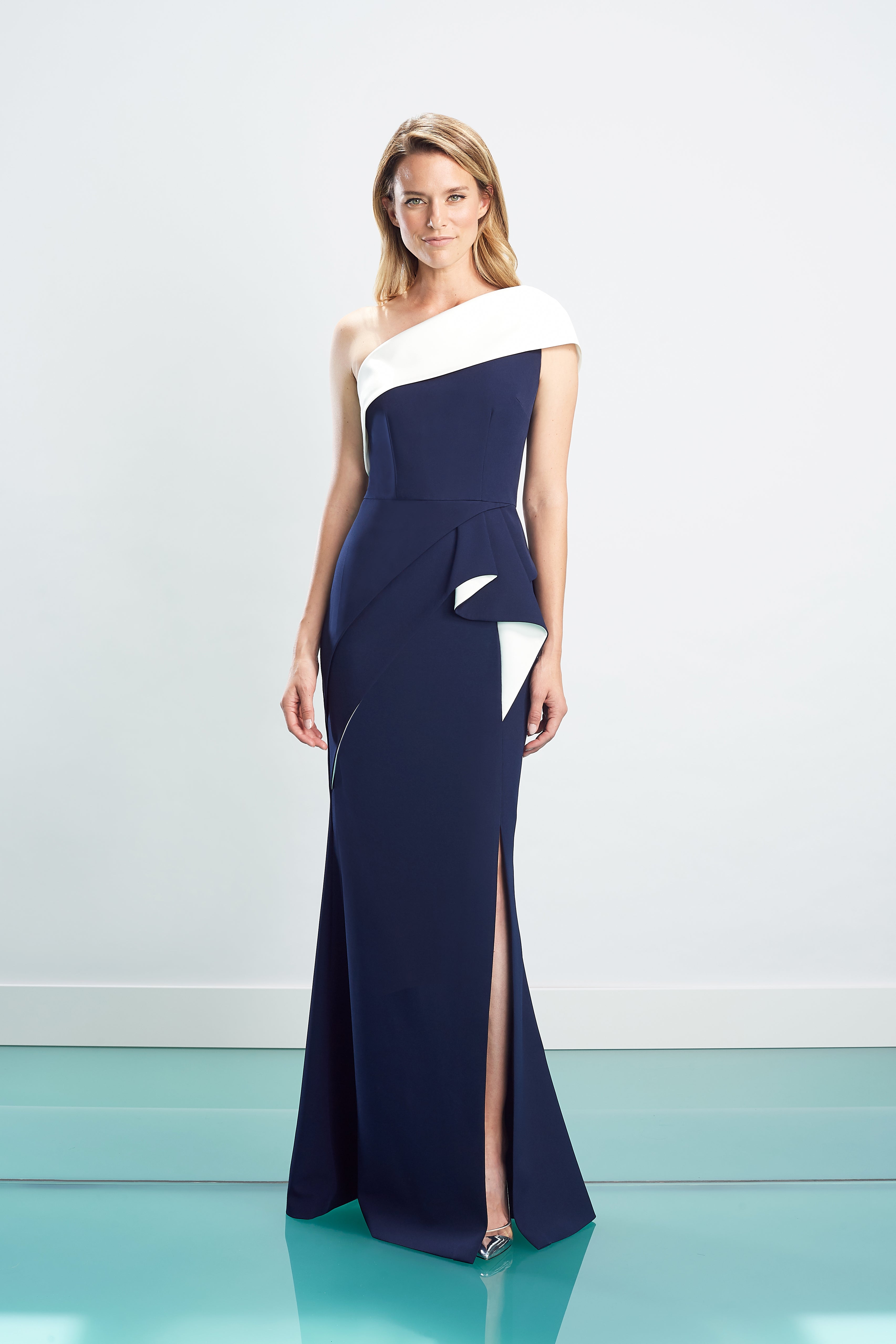 Formal Dresses Long Ruffle Slit Formal Evening Dress Navy/White