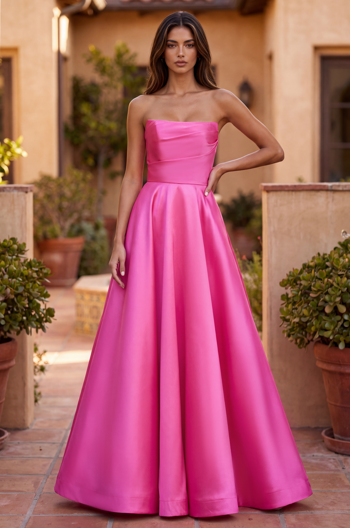 Prom Dresses Long Corset Formal Pleated Prom Ball Gown Fuchsia