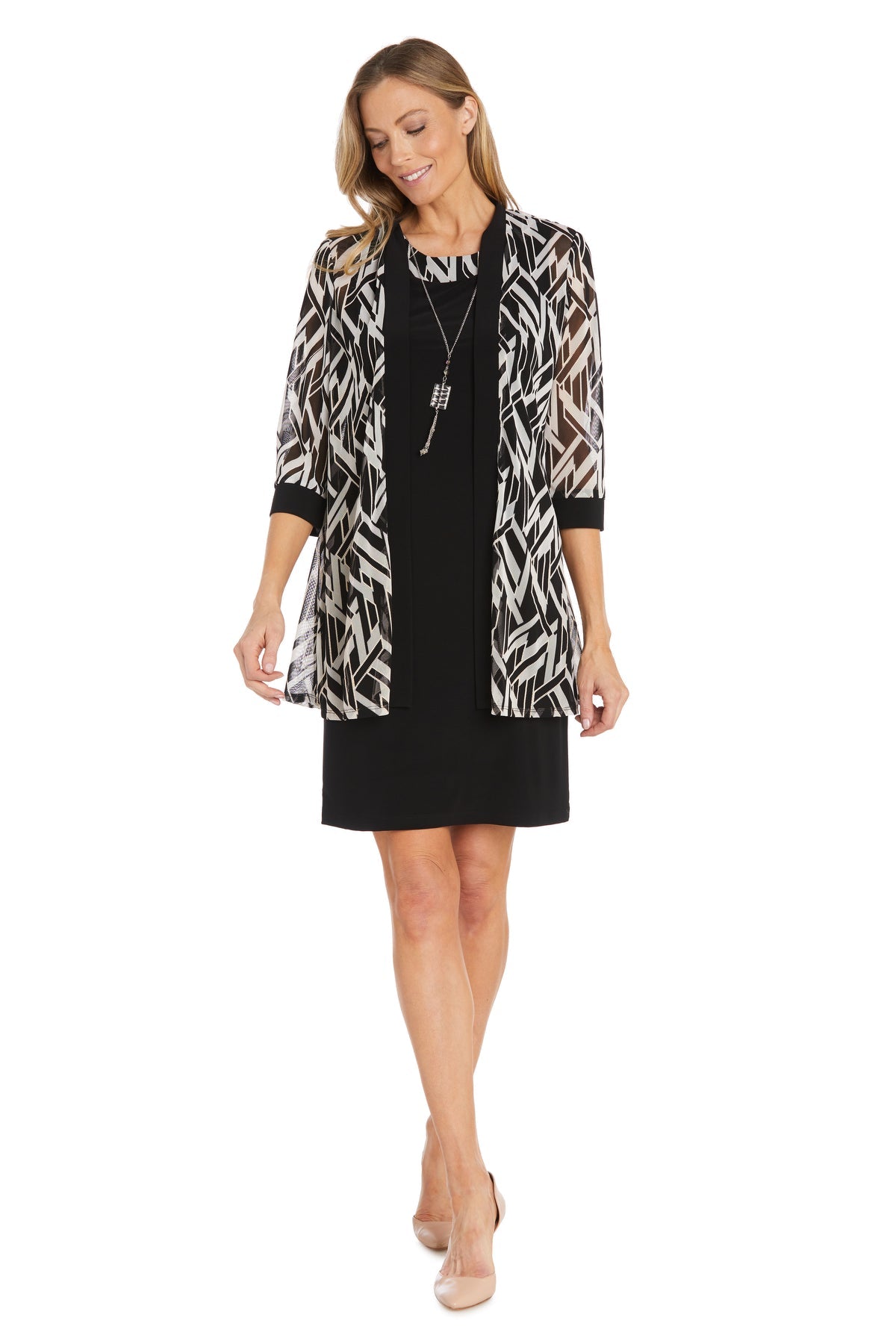 Black/White R&M Richards 1466A Scoop Neck Short Jersey Cocktail Printed Dress
