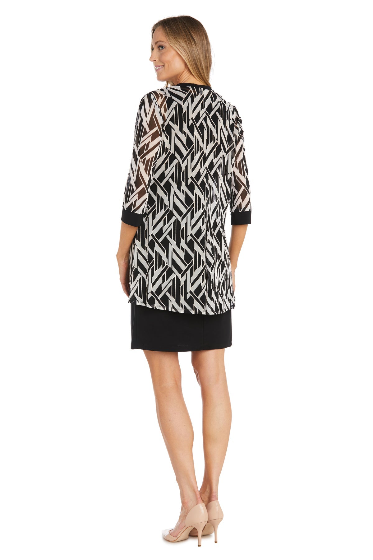 Black/White R&M Richards 1466A Scoop Neck Short Jersey Cocktail Printed Dress