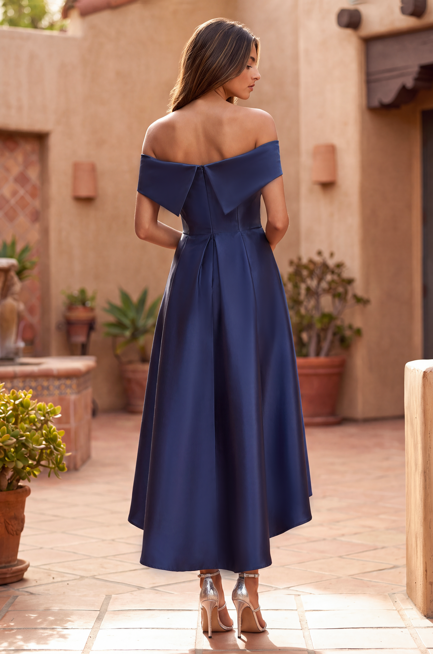 Navy Off-Shoulder Long Satin Formal Cocktail Dress