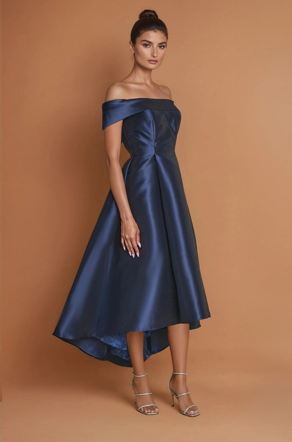 Navy Off-Shoulder Long Satin Formal Cocktail Dress