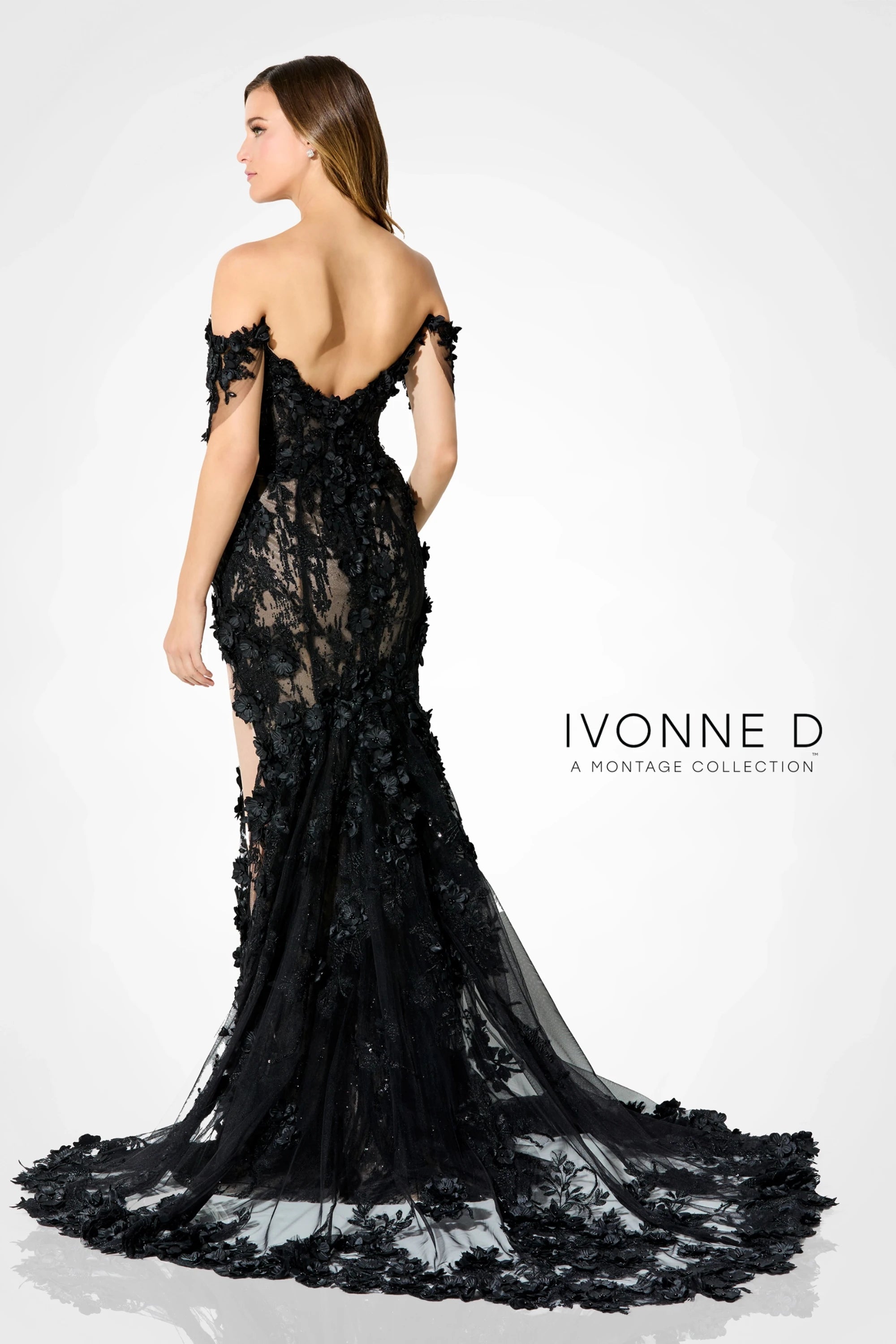 Prom Dresses Long Formal 3D Floral Appliqued Evening Gown Black/Nude