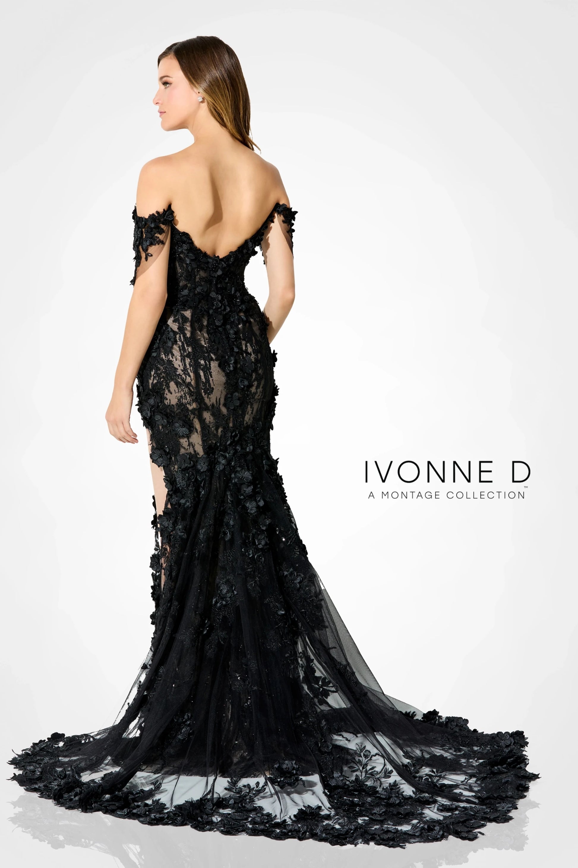 Ivonne D ID915 Long Formal 3D Floral Appliqued Evening Gown