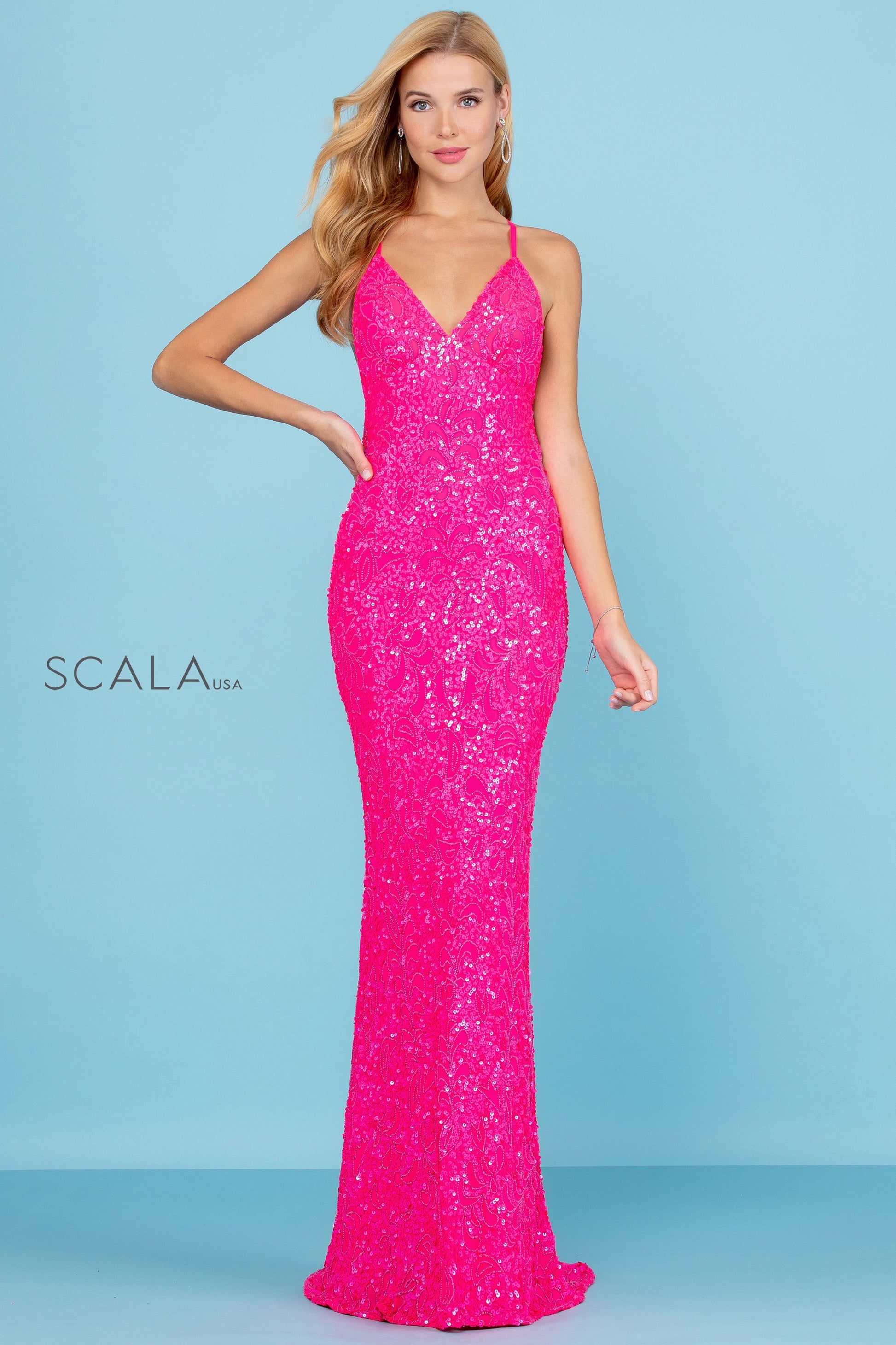 Scala 47542 Fitted Formal Long Beaded Sequin Prom Dress