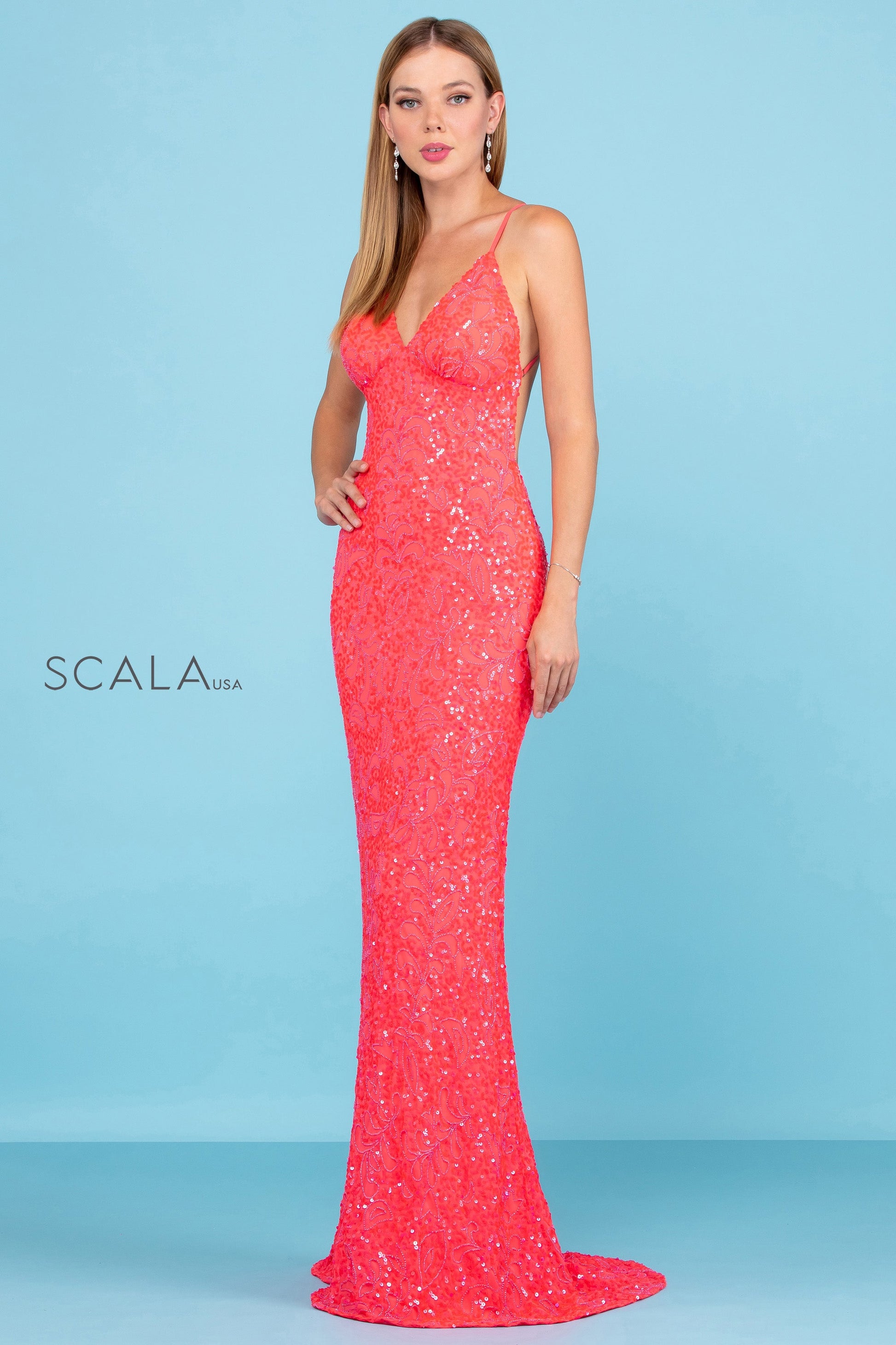 Scala 47542 Fitted Formal Long Beaded Sequin Prom Dress