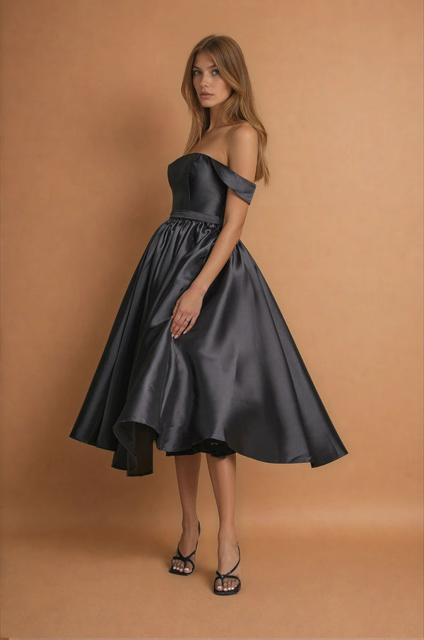 Black Off-Shoulder Midi Formal & Black Tie Cocktail Dress