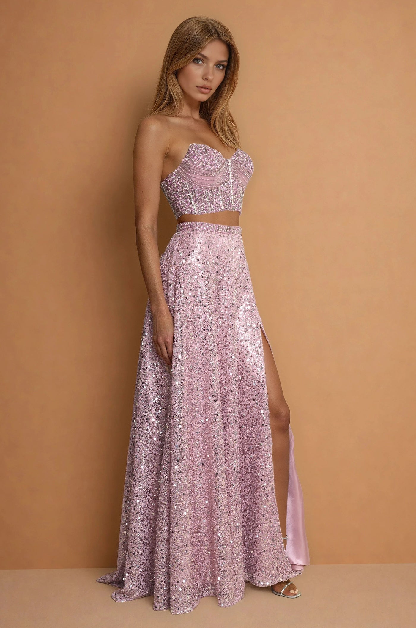 two piece sequin dress Mauve Strapless Two-Piece Sequin Corset Prom Dress