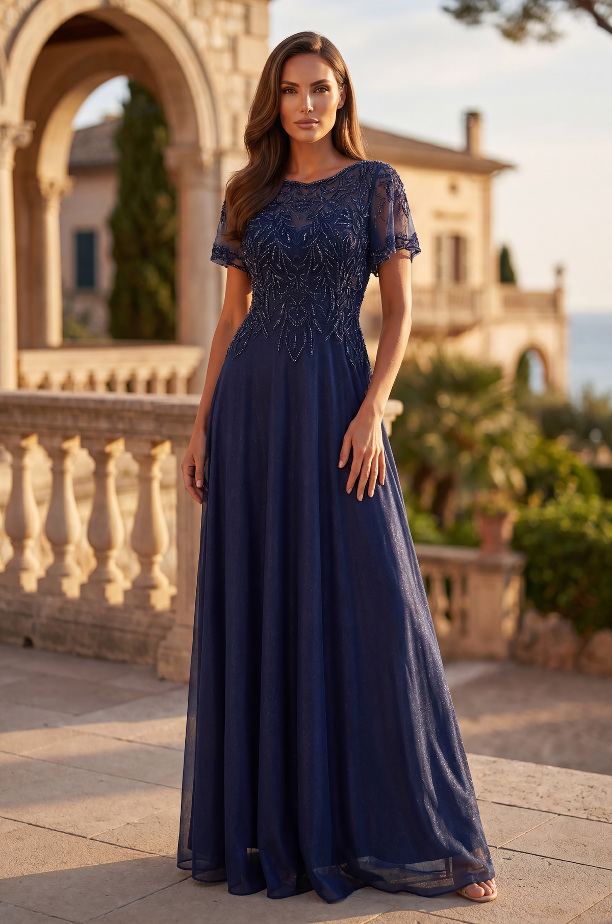 Long Formal Dress Flutter Sleeve Evening Gown