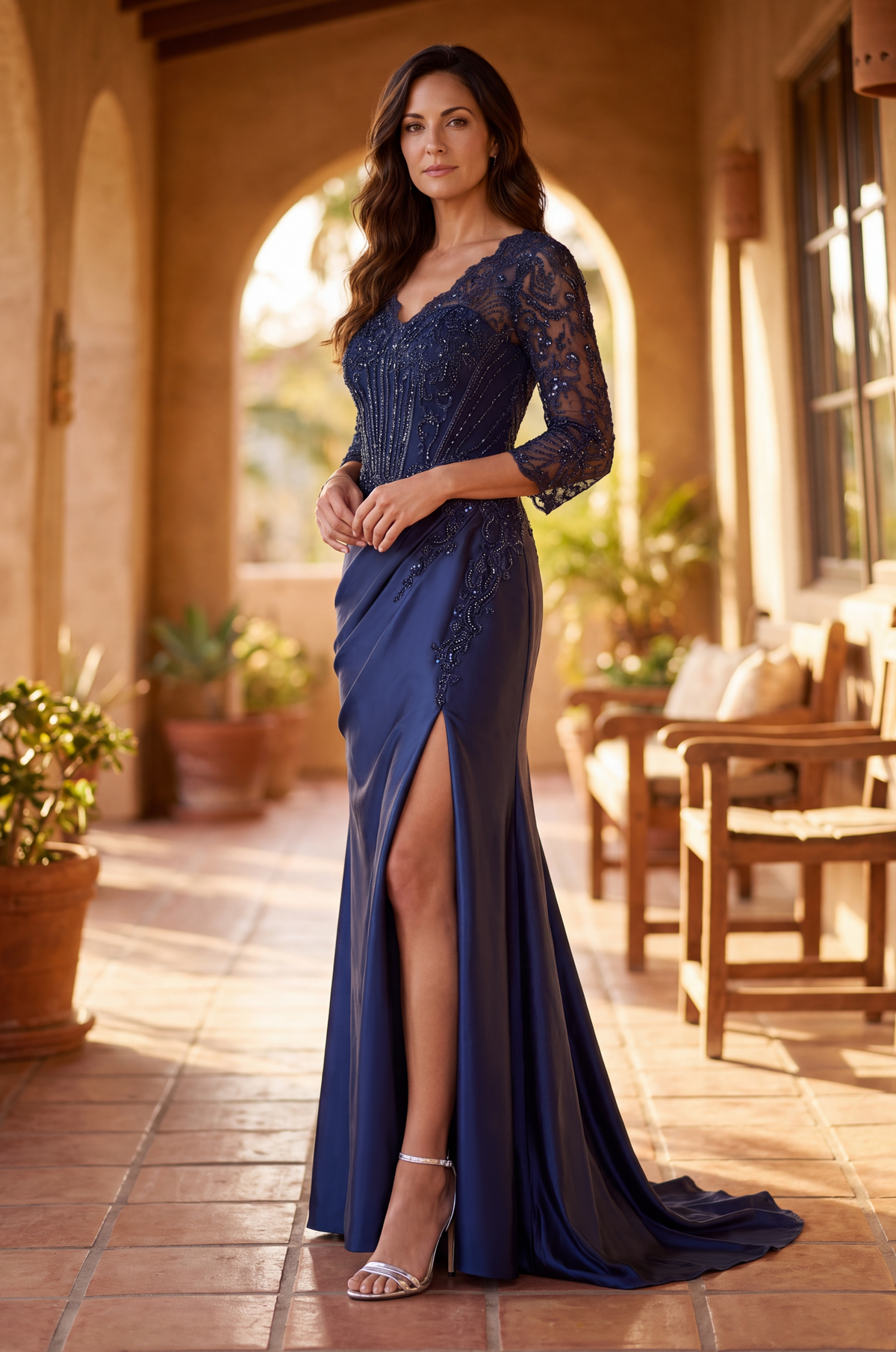 V Neck Beaded Evening Gown Long Sleeve Formal Dress Navy