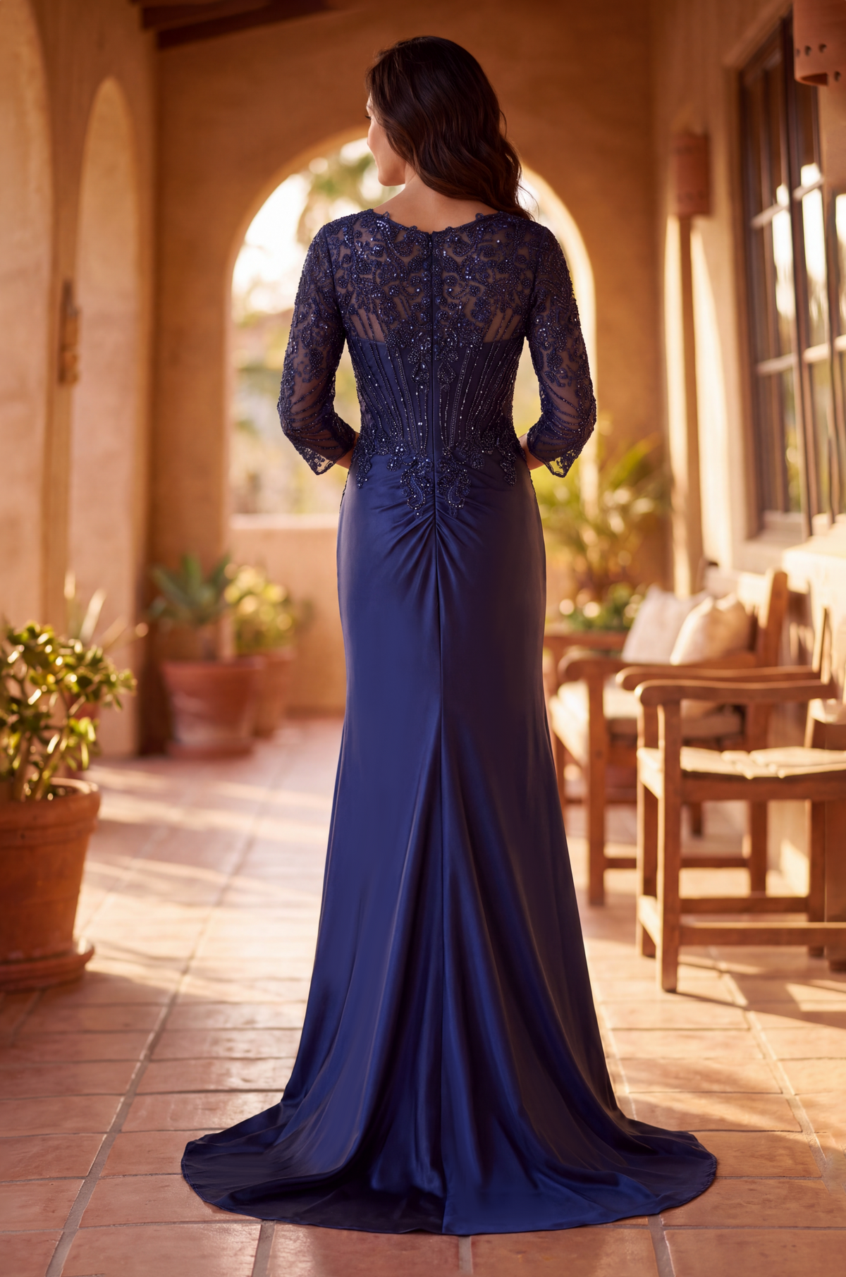 V Neck Beaded Evening Gown Long Sleeve Formal Dress Navy