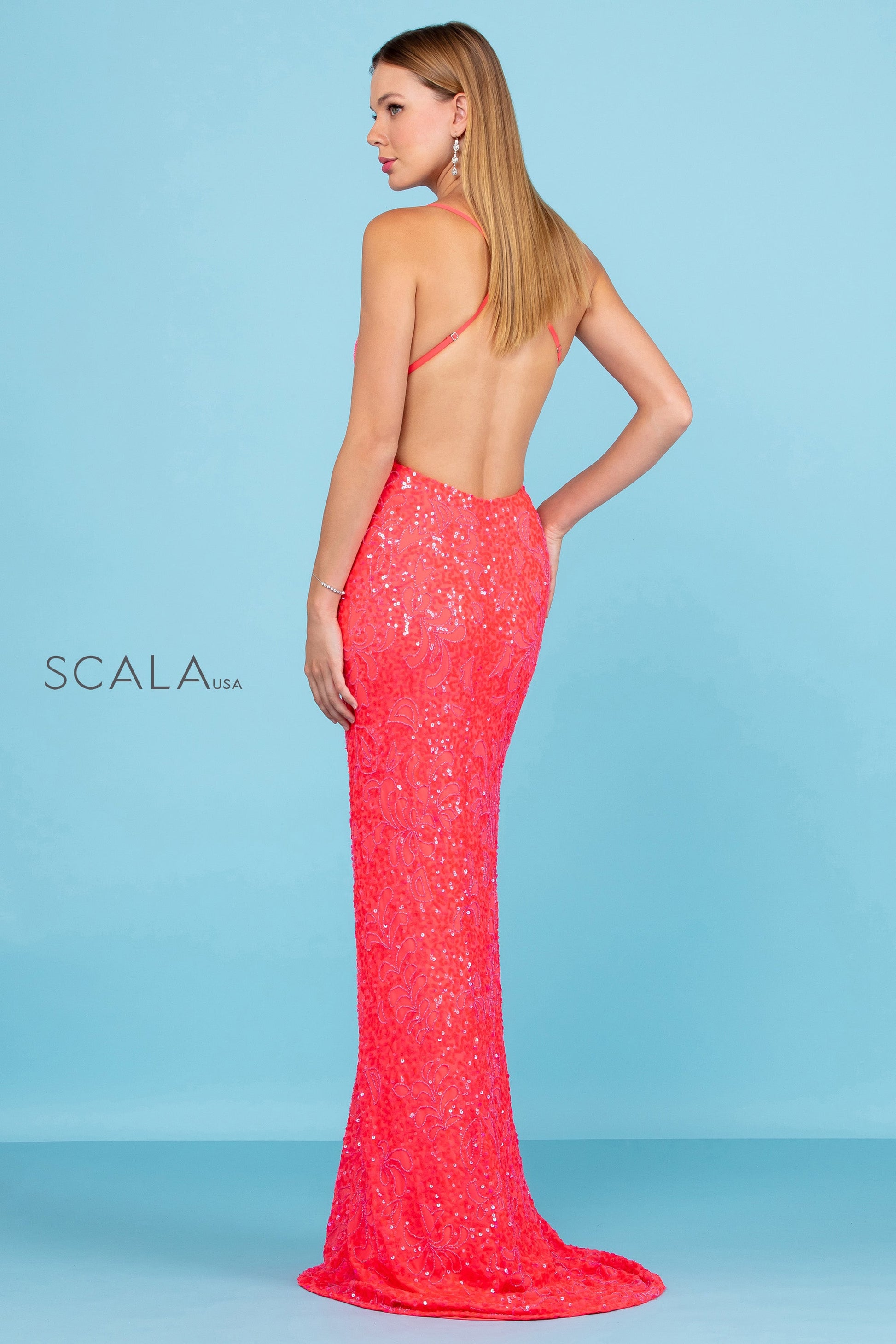 Scala 47542 Fitted Formal Long Beaded Sequin Prom Dress