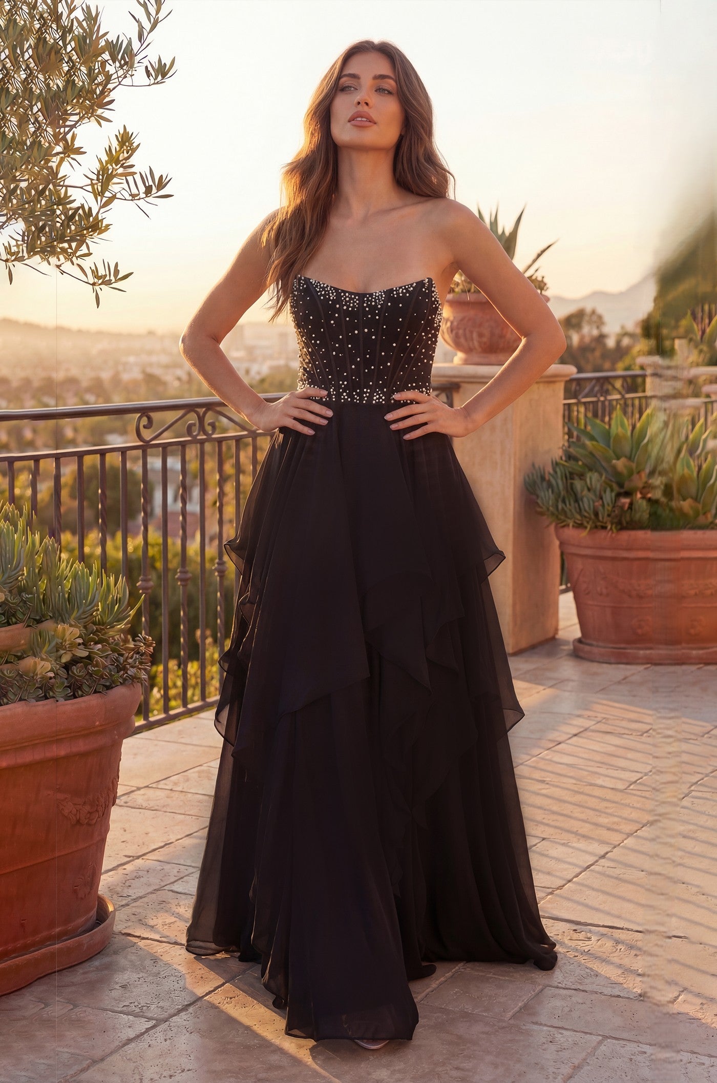 Pearl Corset Ballgown Long Beaded Prom Dress in Black