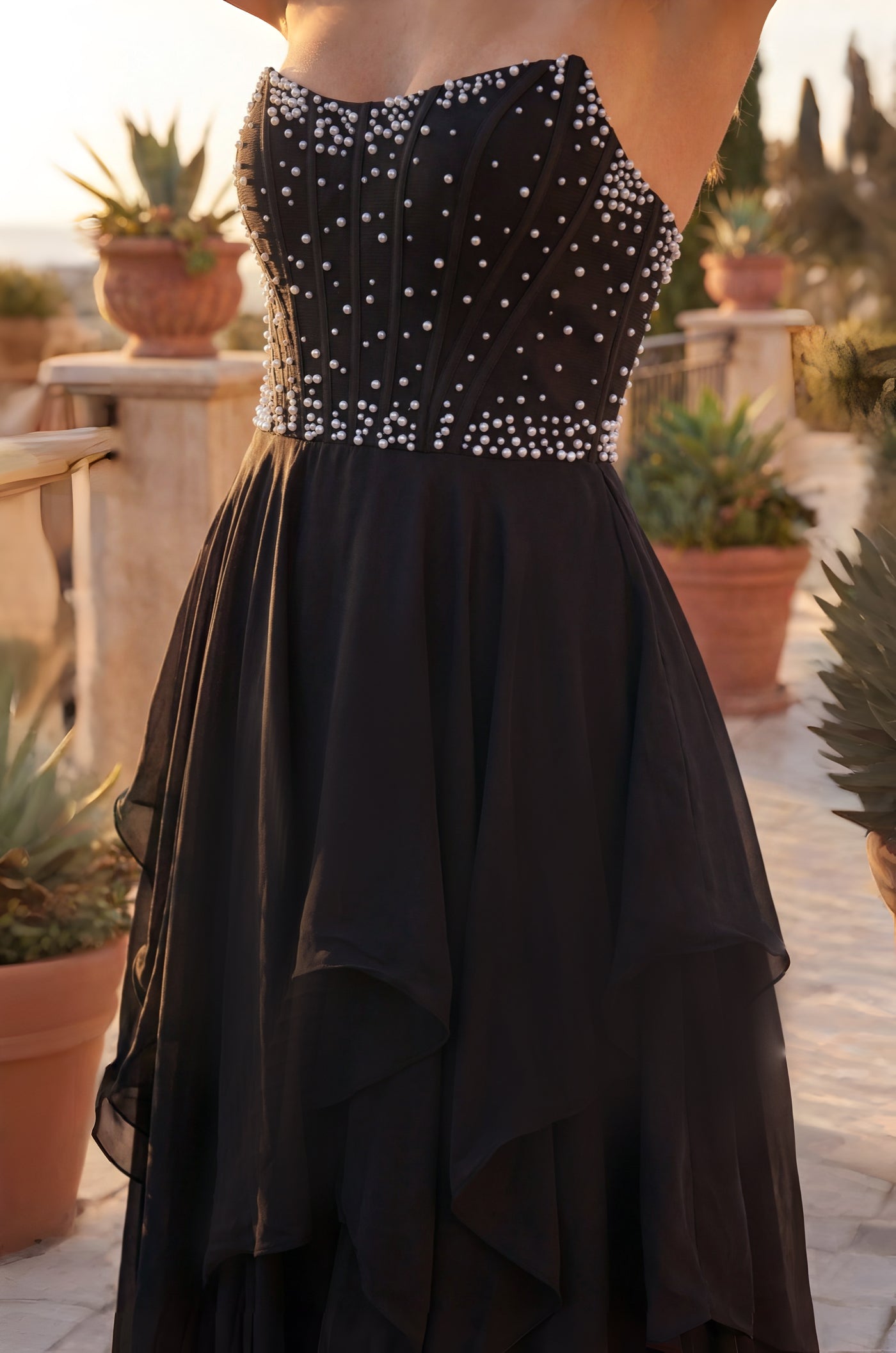 Pearl Corset Ballgown Long Beaded Prom Dress in Black