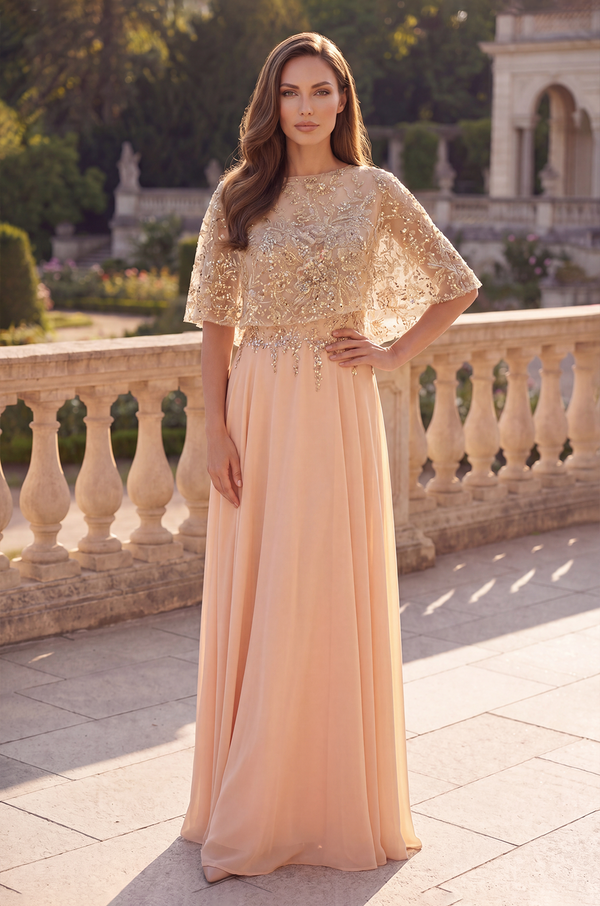 Sequin Lace Cape Sleeve Long Formal Chiffon Evening Gown