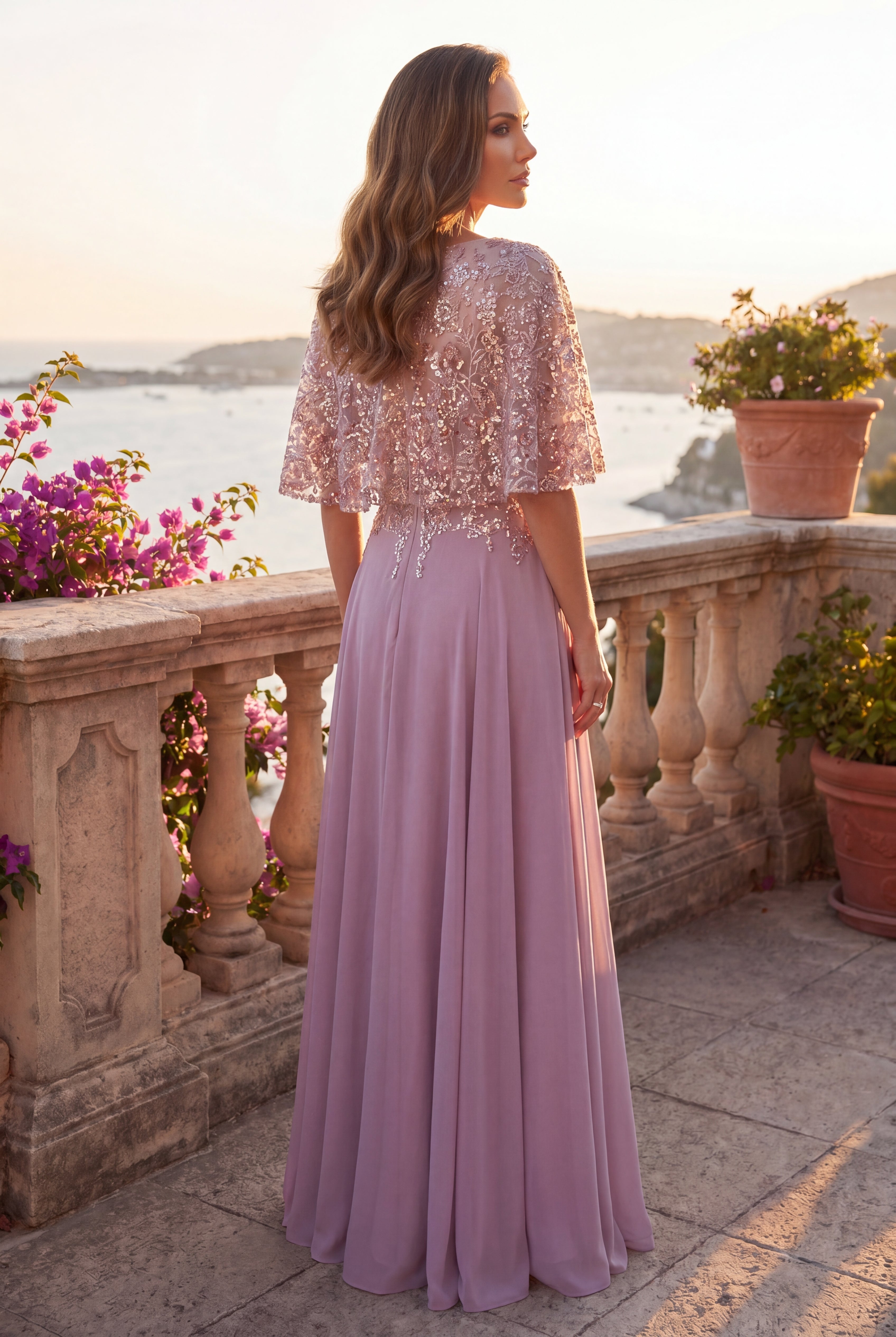 Sequin Lace Cape Sleeve Long Formal Chiffon Evening Gown Mauve