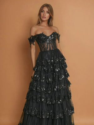 Long Corset Ruffled Prom Dress