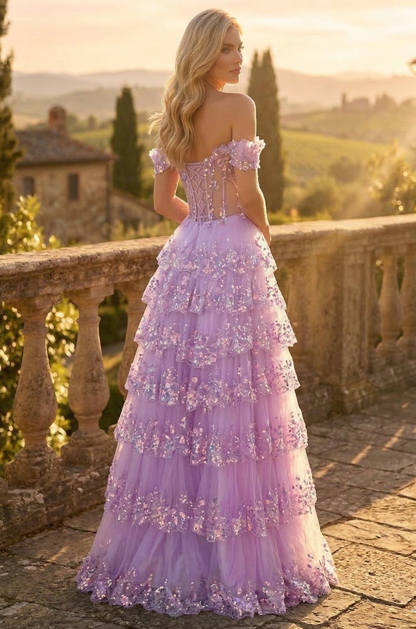 Long Corset Ruffled Off Shoulder Prom Dress