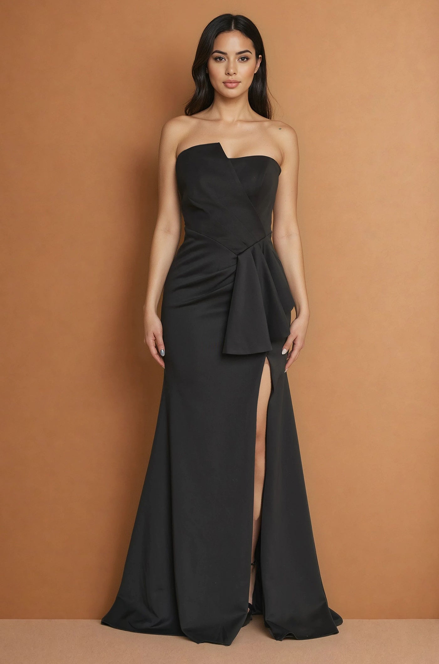 Silk Black Strapless Dress Black Strapless Satin Long Prom Dress With High Split Silk Black Strapless Dress Black Strapless Satin Long Prom Dress With High Split