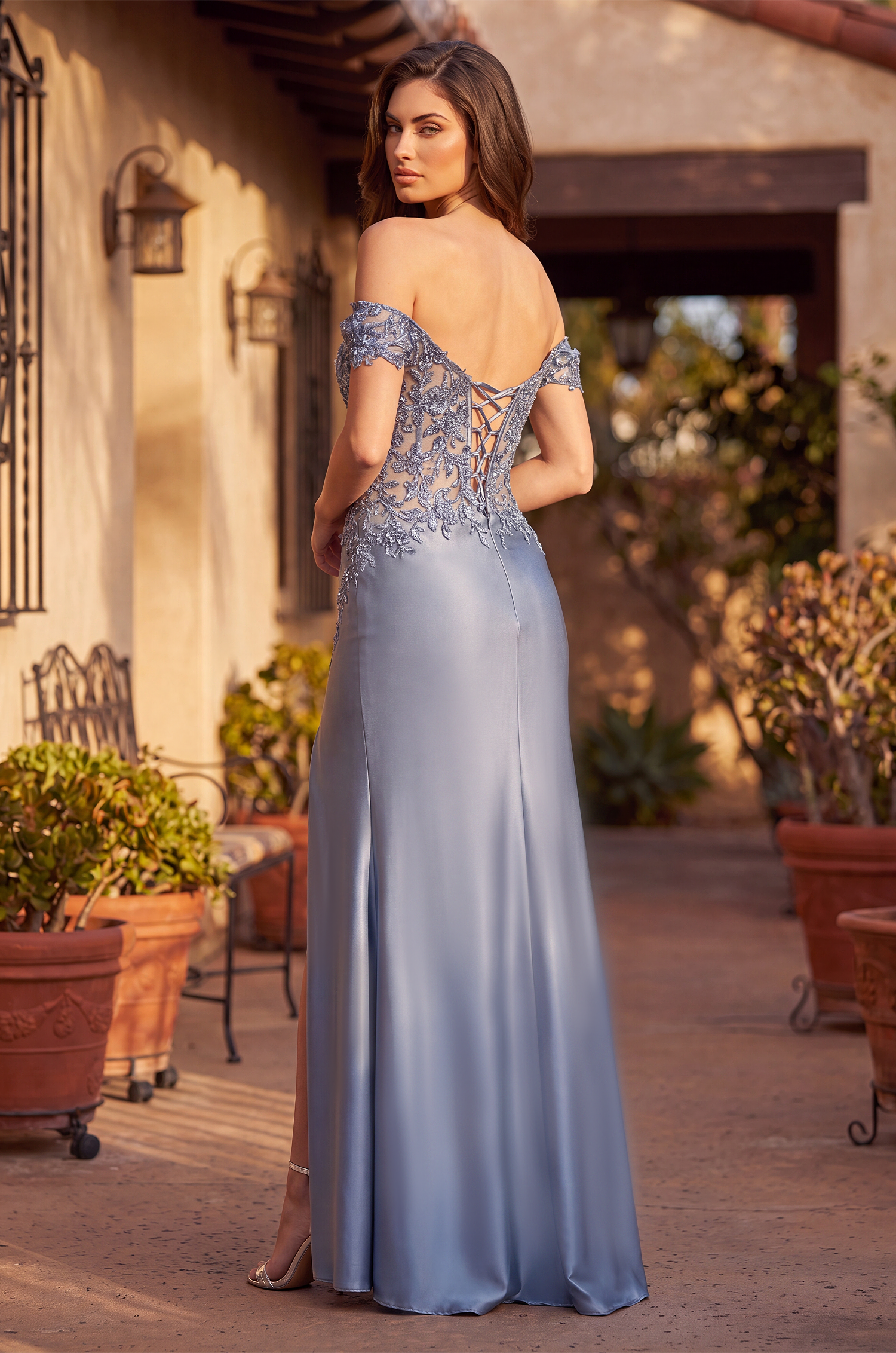 Lace Evening Dress with Off Shoulder Corset Bodice Dusty Rose