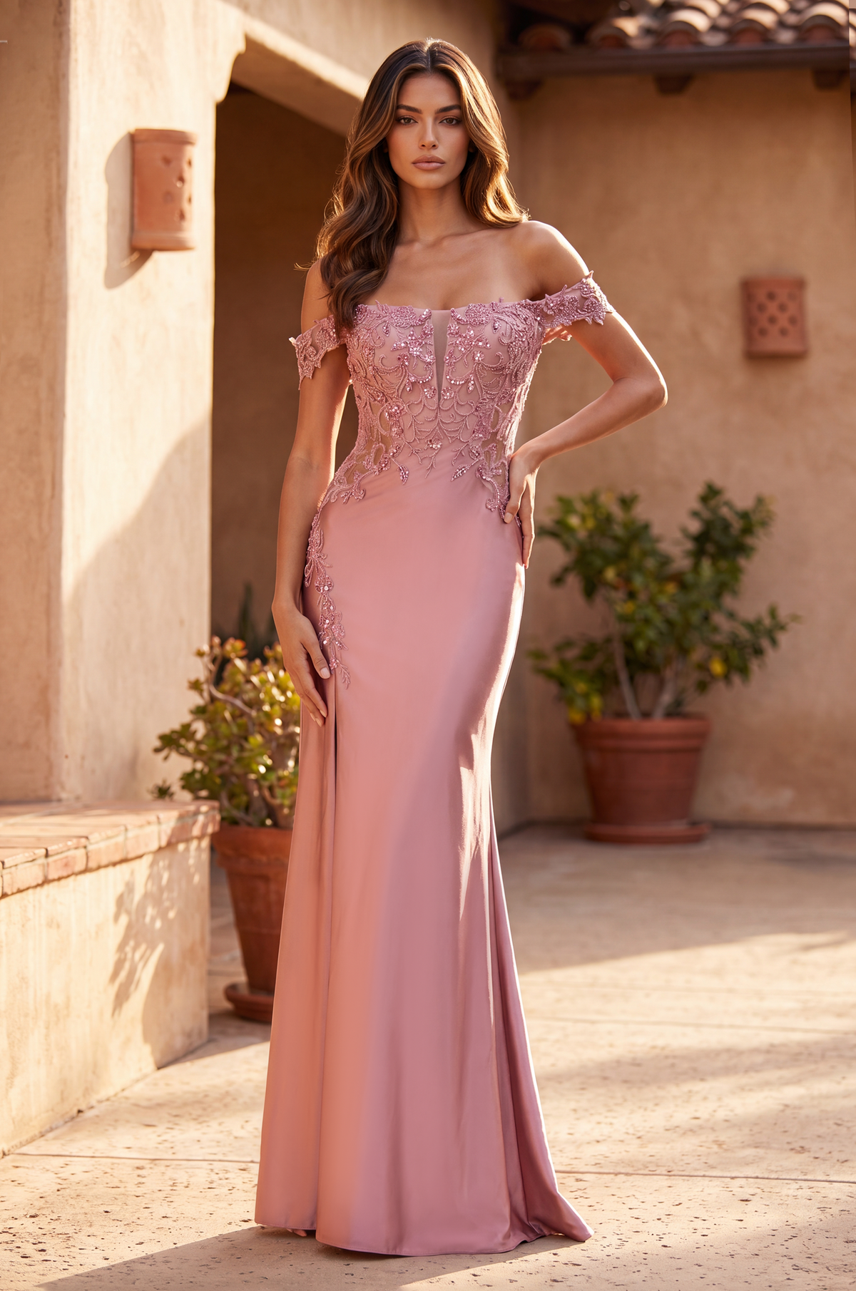 off shoulder pink lace dress Evening with Corset Bodice Style:AD3D106294 Shoulder Sleeves Size:VL Excellerations® Career Costumes -