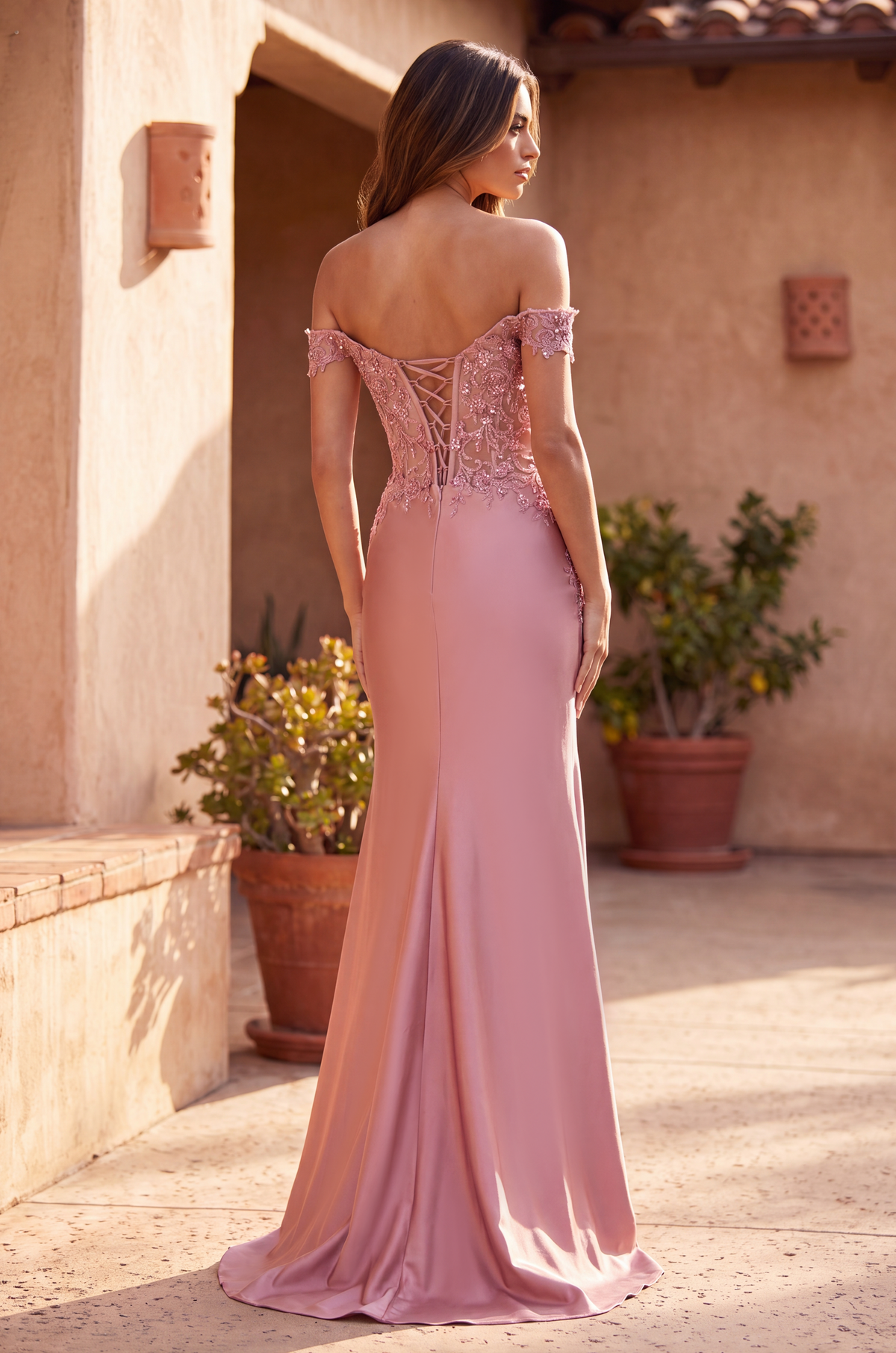 Lace Evening Dress with Off Shoulder Corset Bodice Dusty Rose