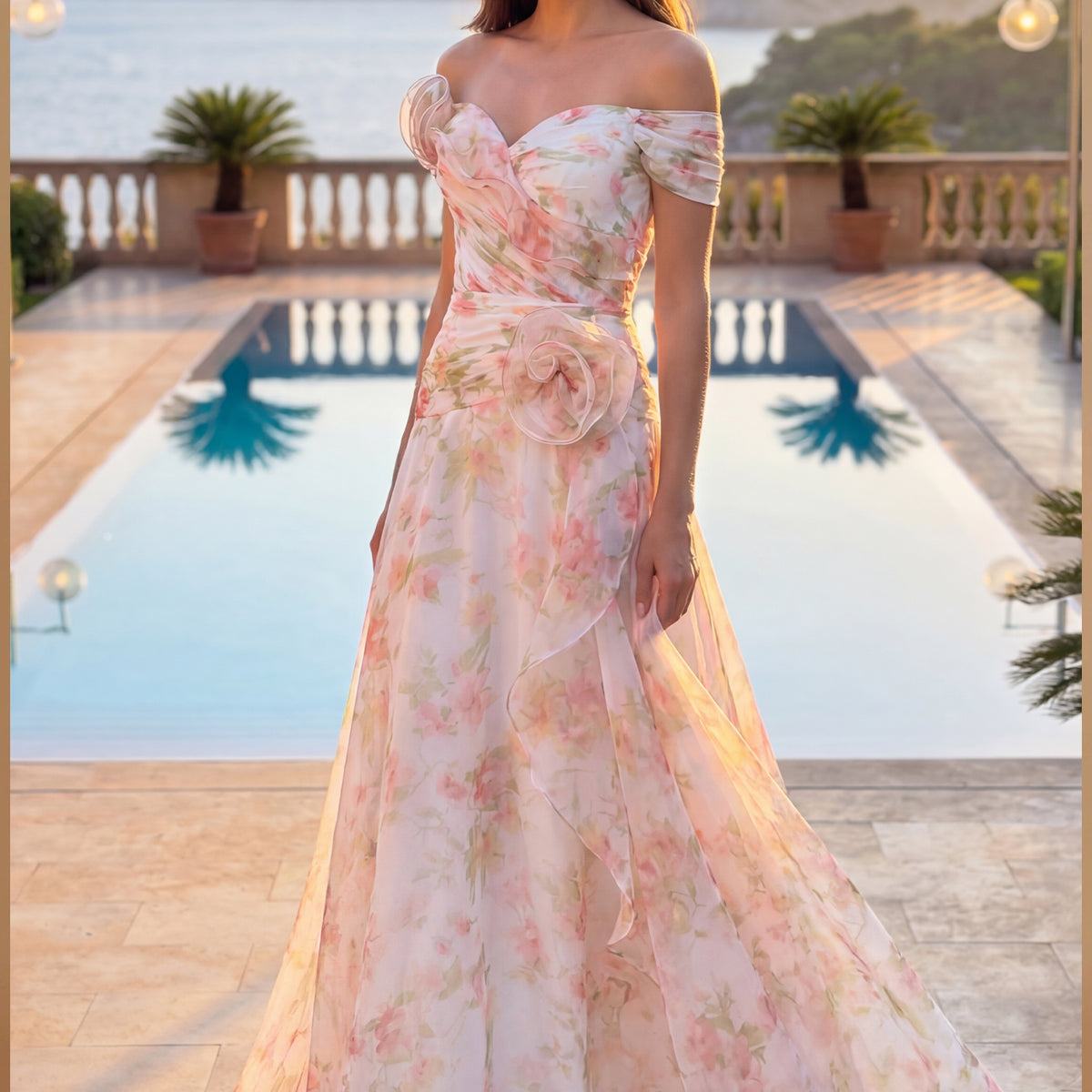 Long A Line Off Shoulder Formal Floral Evening Gown