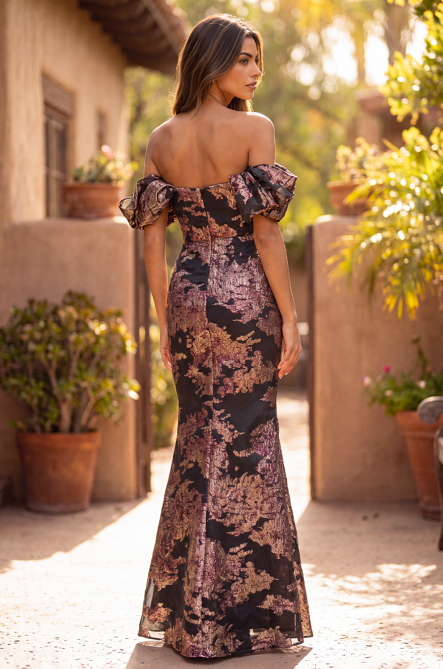 Long Off Shoulder Sleeve Formal Couture Evening Dress Burgundy