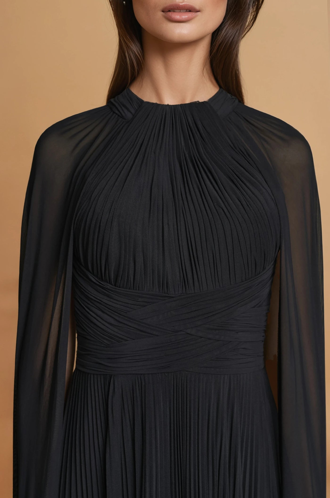 Pleated A Line Long Formal High Neck Cape Sleeve Dress in Black