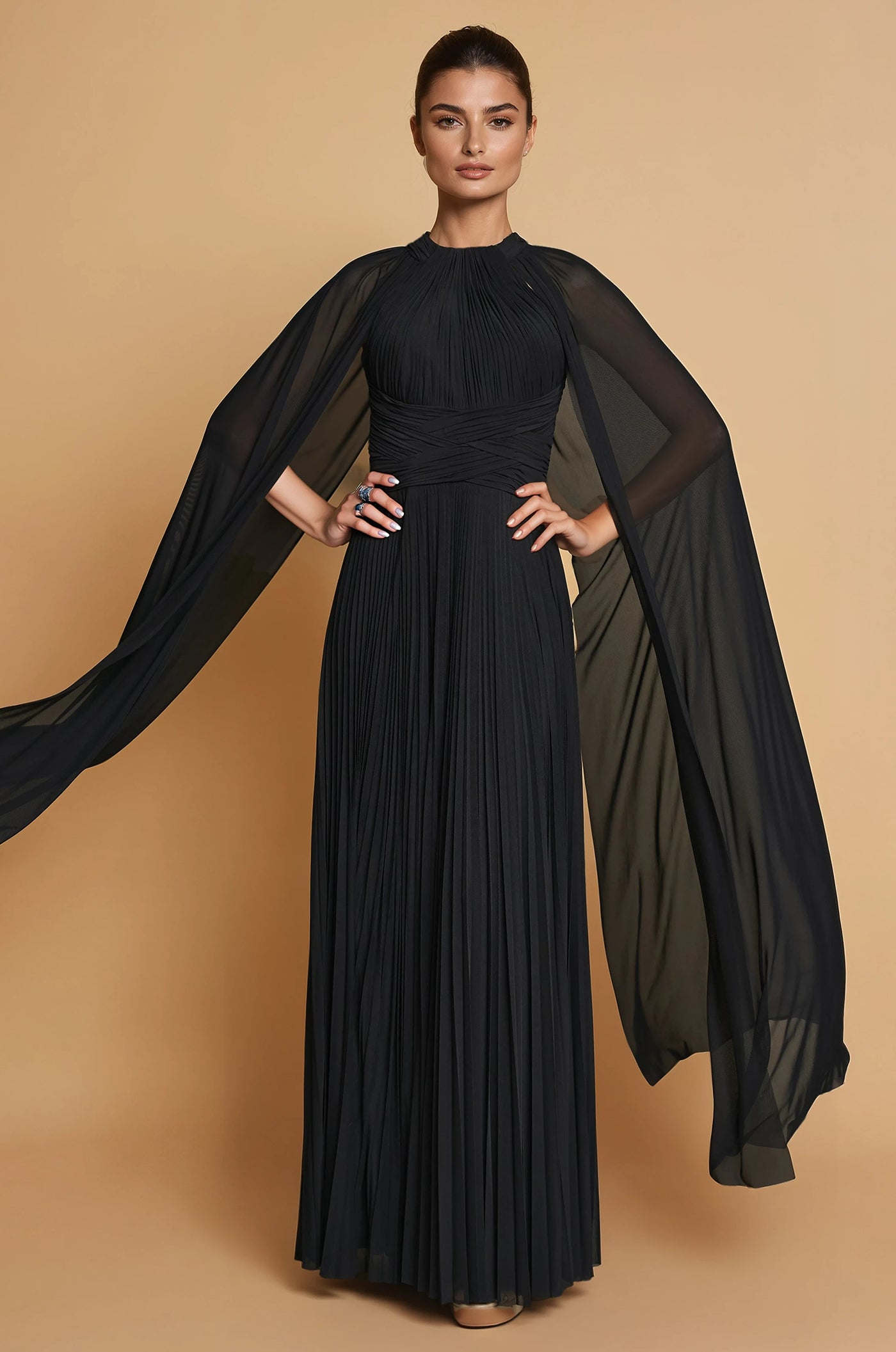 Pleated A Line Long Formal High Neck Cape Sleeve Dress in Black