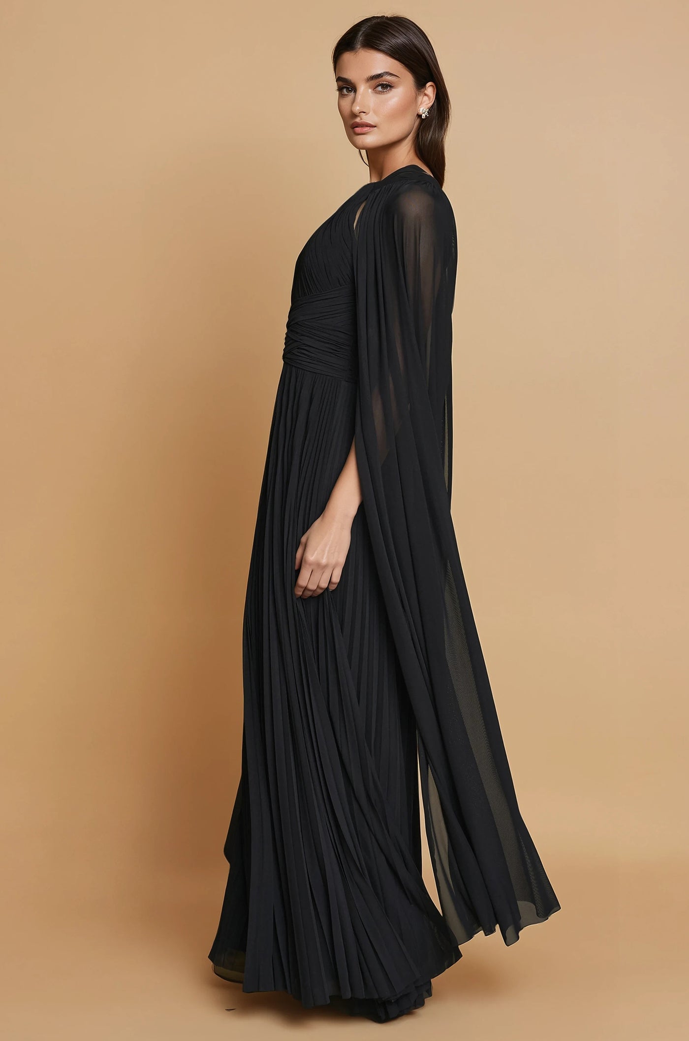 Pleated A Line Long Formal High Neck Cape Sleeve Dress in Black