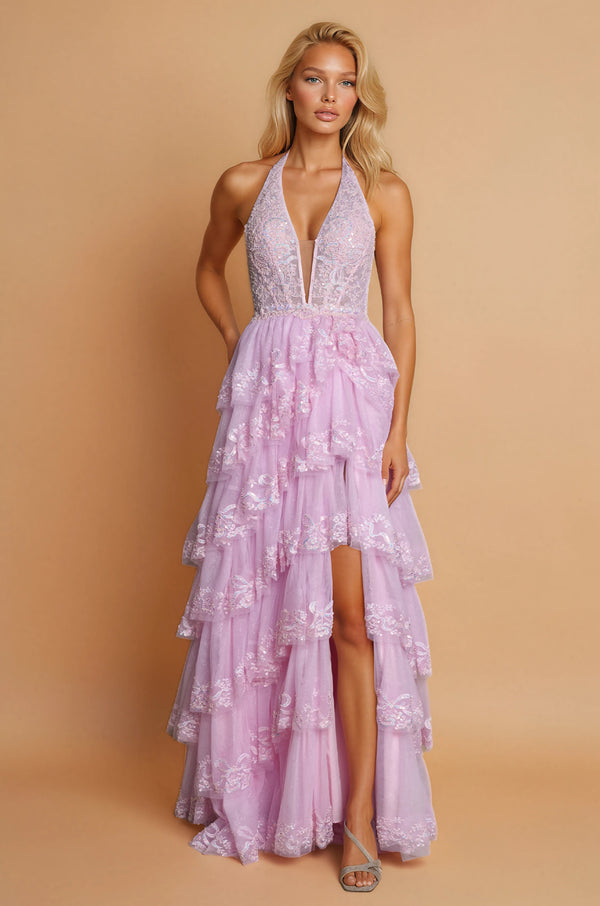 Long Formal Halter Neck Beaded Corset Prom Dress