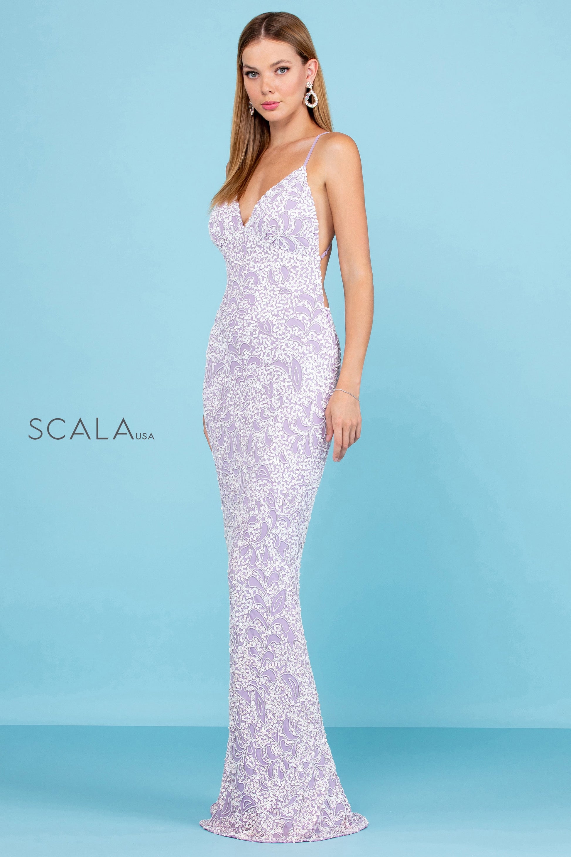 Scala 47542 Fitted Formal Long Beaded Sequin Prom Dress