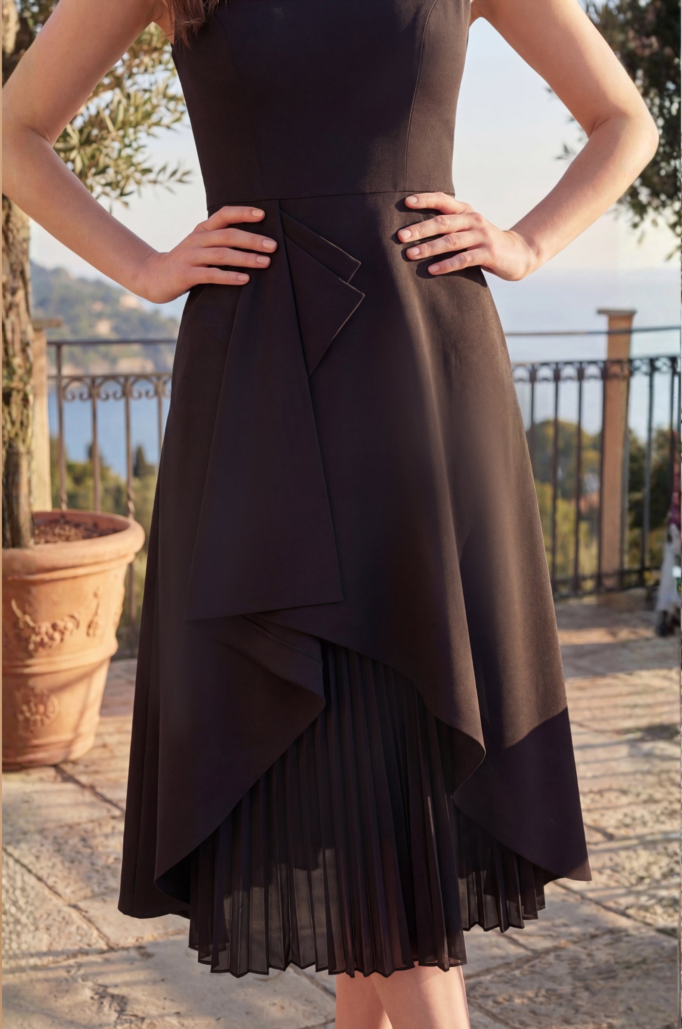 Ruffle Stretch Crepe Formal Midi Cocktail Dress Black