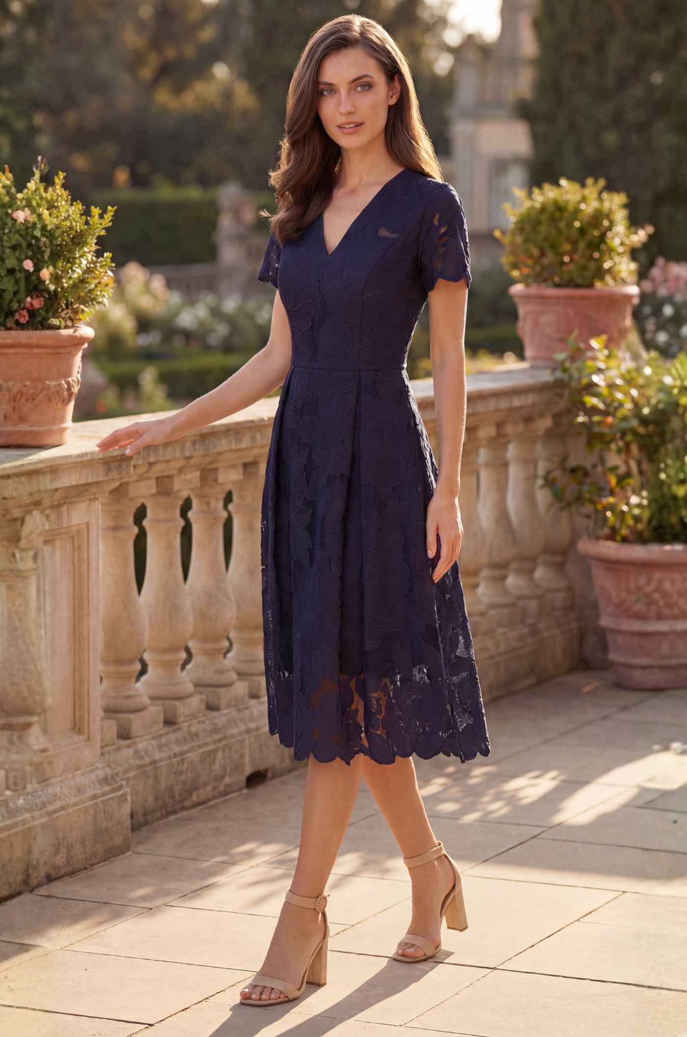 Pleated V Neck A Line Midi Cocktail Dress Navy