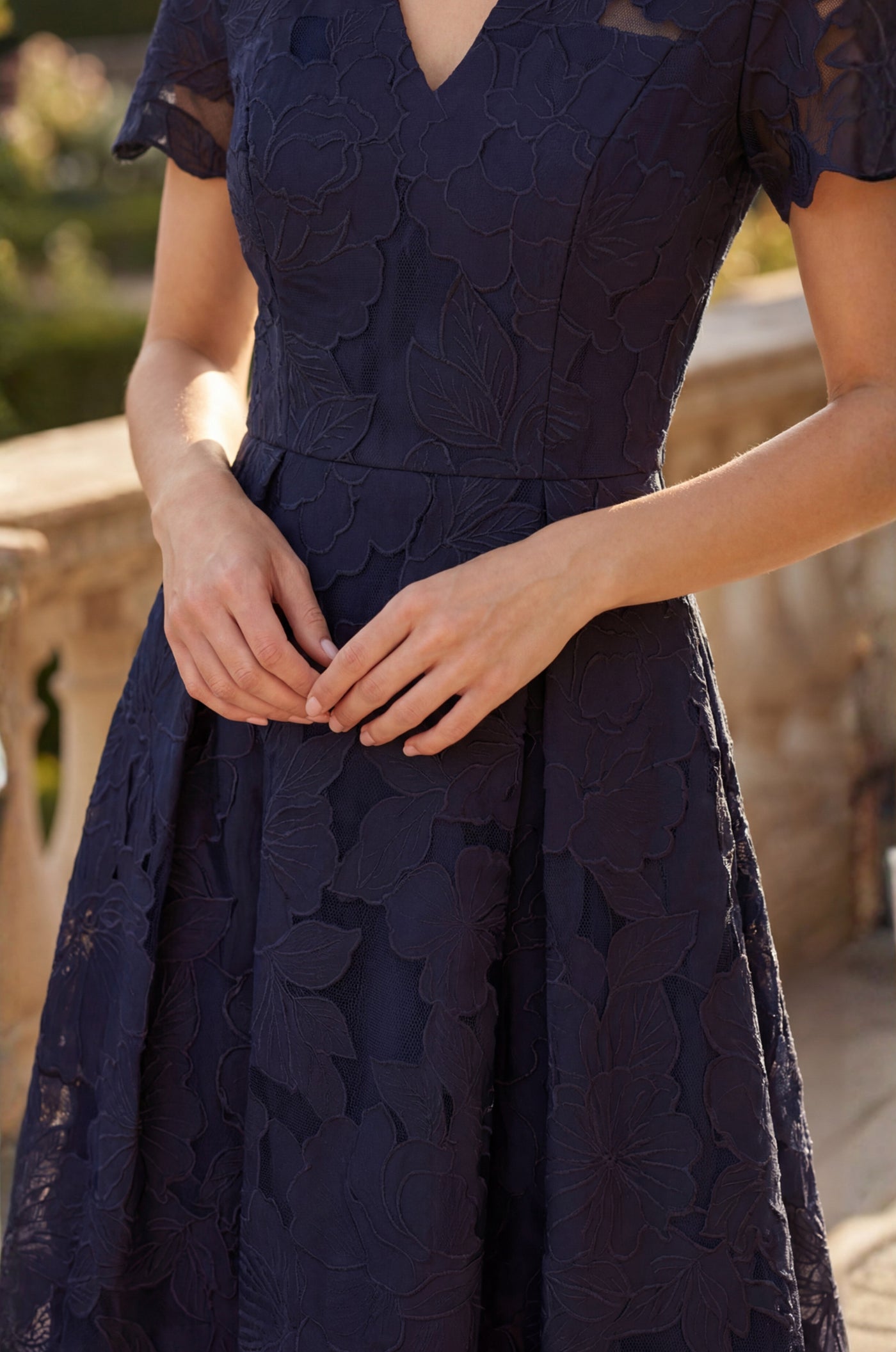 Pleated V Neck A Line Midi Cocktail Dress Navy