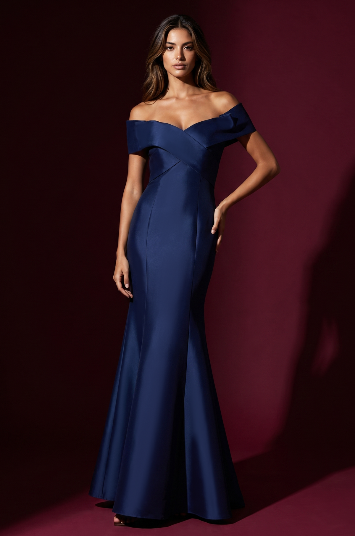 criss cross formal dress Mikado Long Off Shoulder Bodice Evening particle board